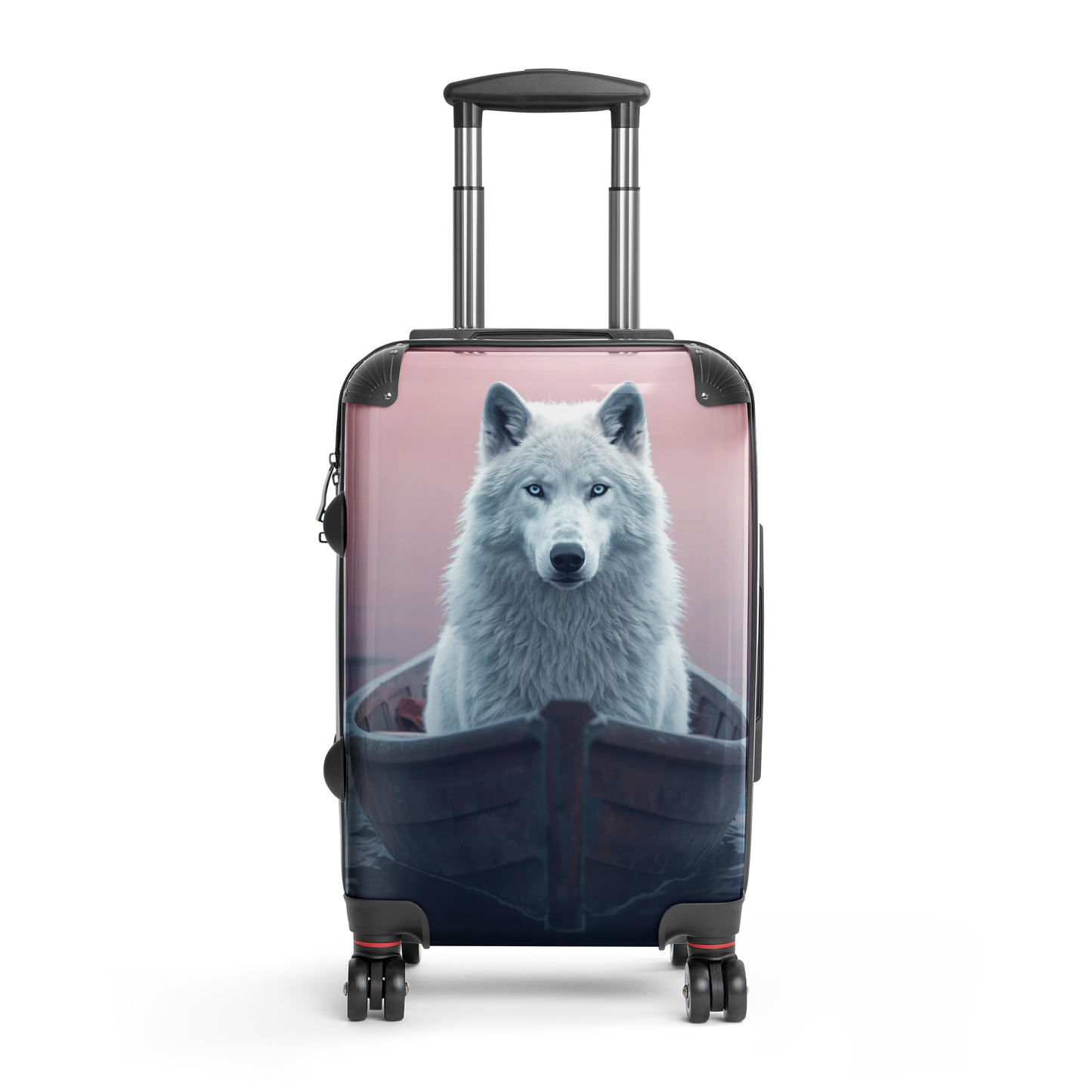 Freigestellter Hartschalenkoffer in der Größe Small mit weißem Wolf in einem Boot vor rosafarbenem Hintergrund. Die Produktansicht zeigt das vollständige Motiv sowie die kompakte Kofferform mit Teleskopgriff und Doppelrollen.