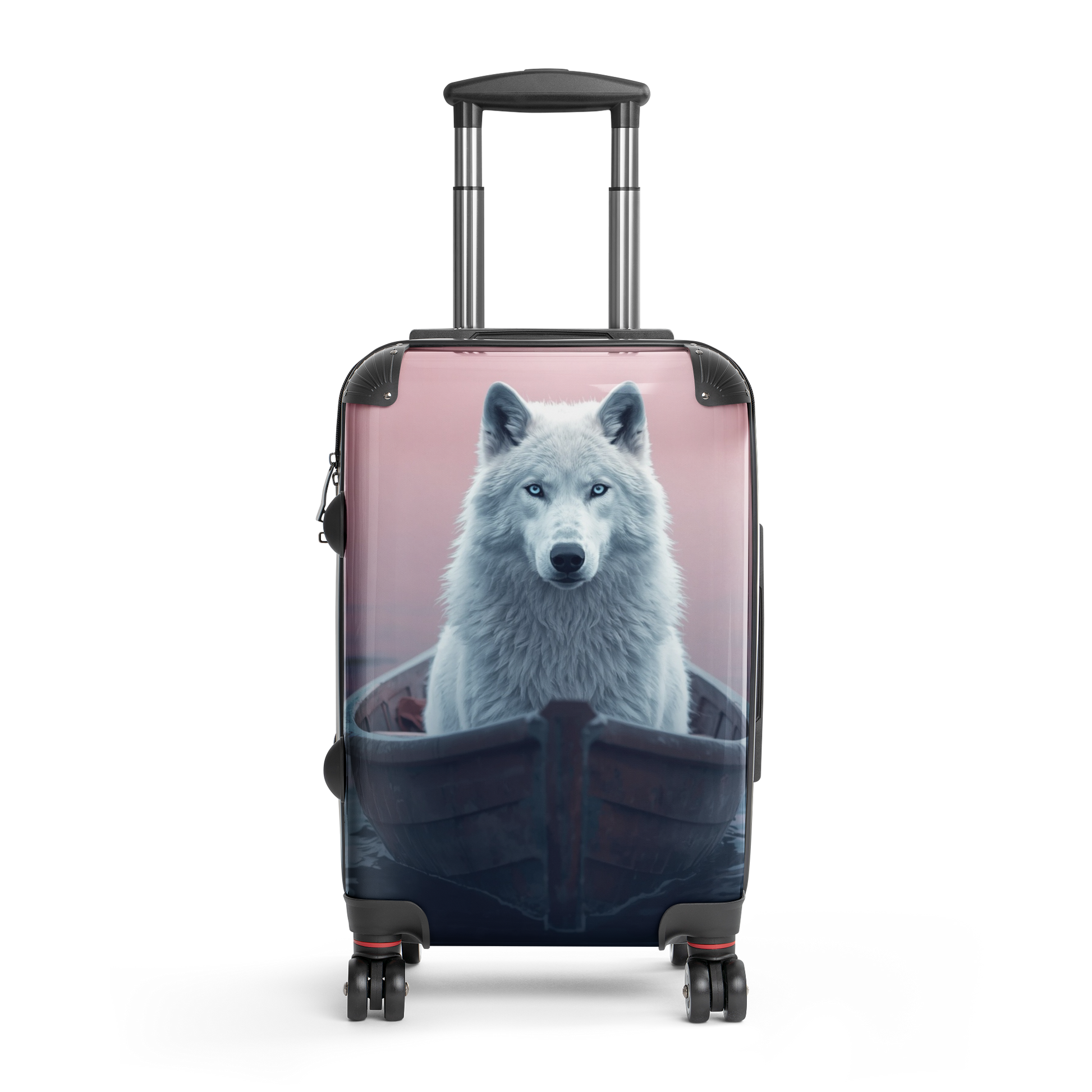 Freigestellter Hartschalenkoffer in der Größe Small mit weißem Wolf in einem Boot vor rosafarbenem Hintergrund. Die Produktansicht zeigt das vollständige Motiv sowie die kompakte Kofferform mit Teleskopgriff und Doppelrollen.