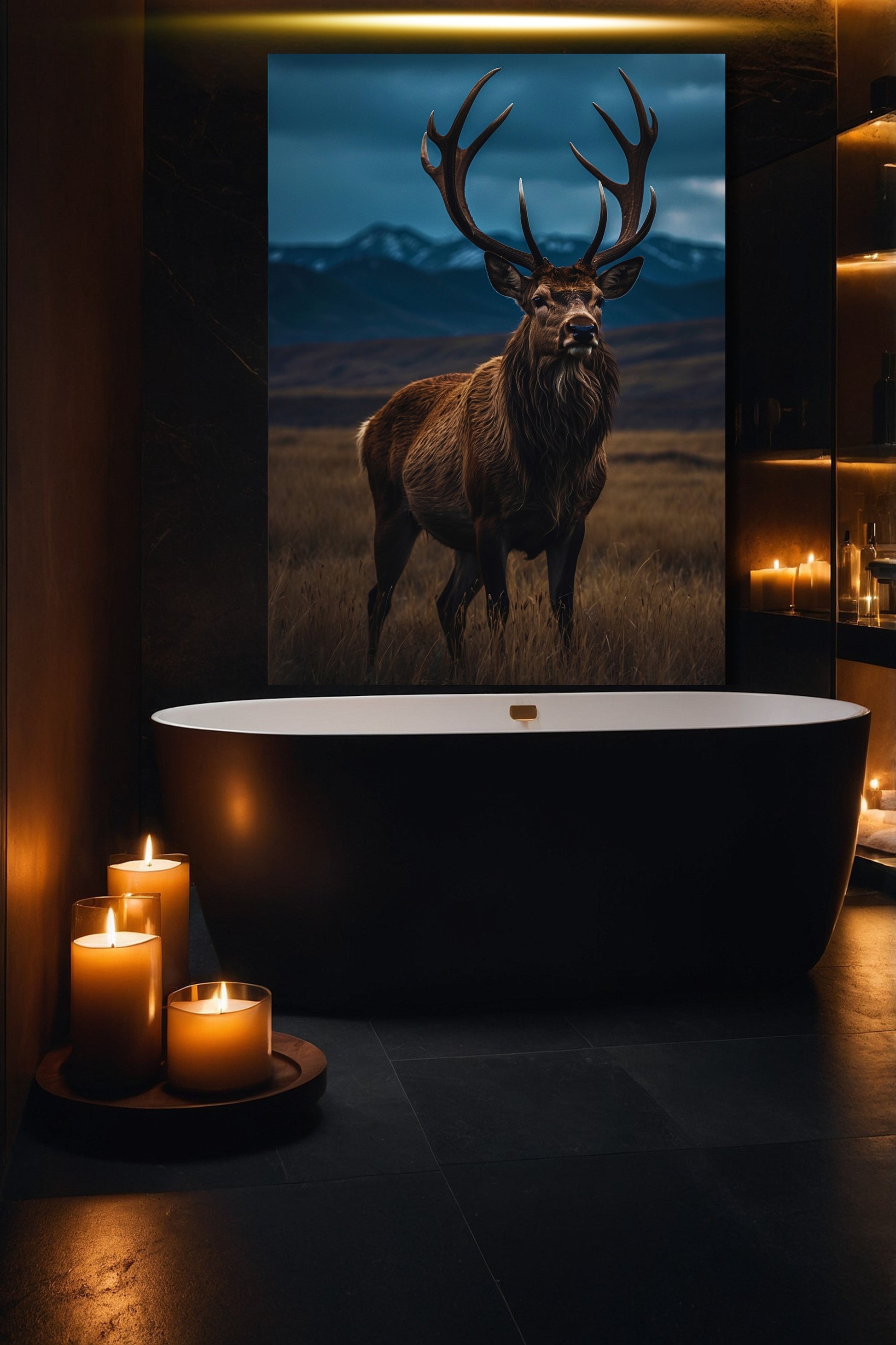 Dark Fantasy Hirsch Wandkunst auf Leinwand 40x60 Zoll in elegantem Badezimmer mit edler Lichtwirkung