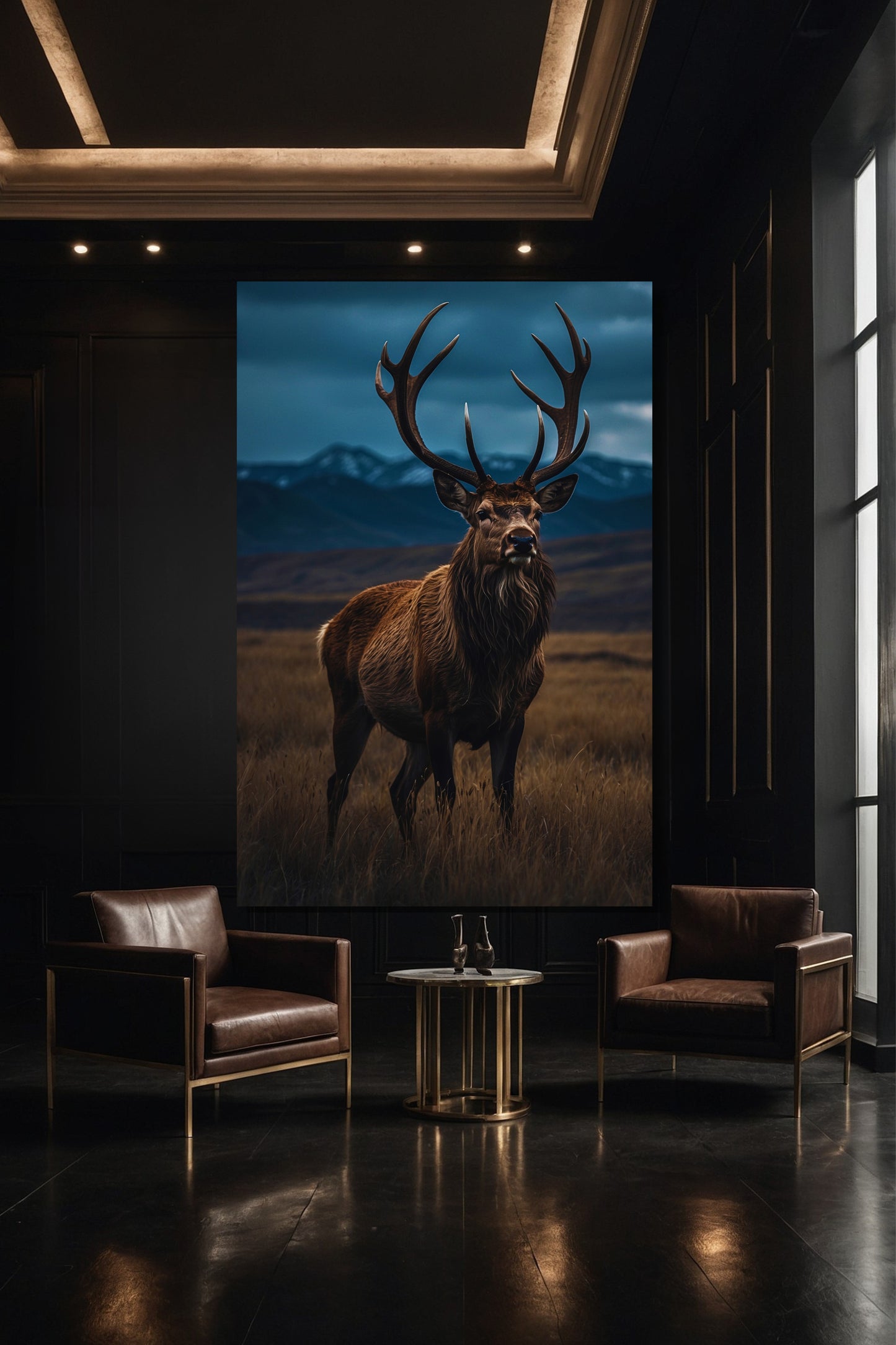 Hirsch Leinwandbild im Format 40x60 Zoll in stilvoller Galerie mit Fokus auf Licht und Komposition