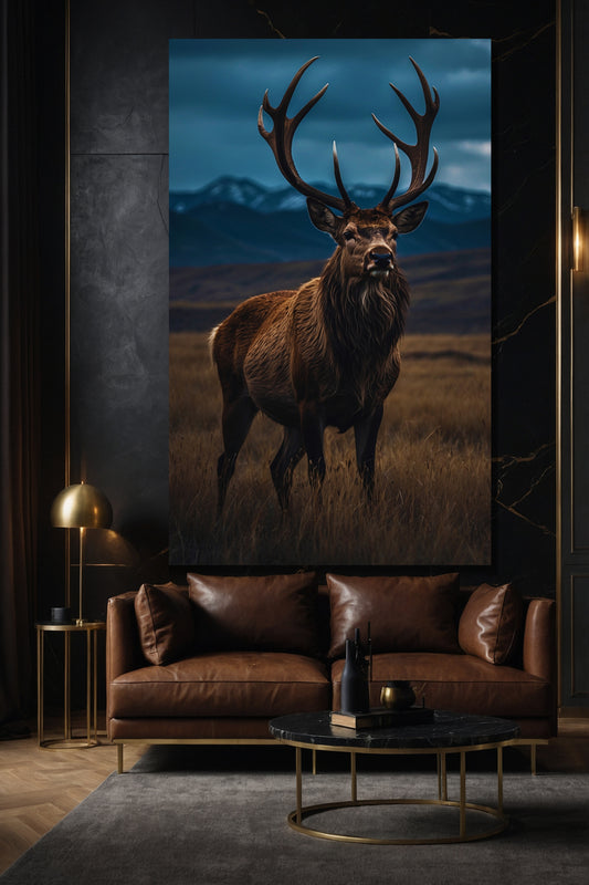 Großformatiges Hirsch Leinwandbild 40x60 Zoll über Sofa aus Leder in elegantem Wohnzimmer mit ruhiger Atmosphäre