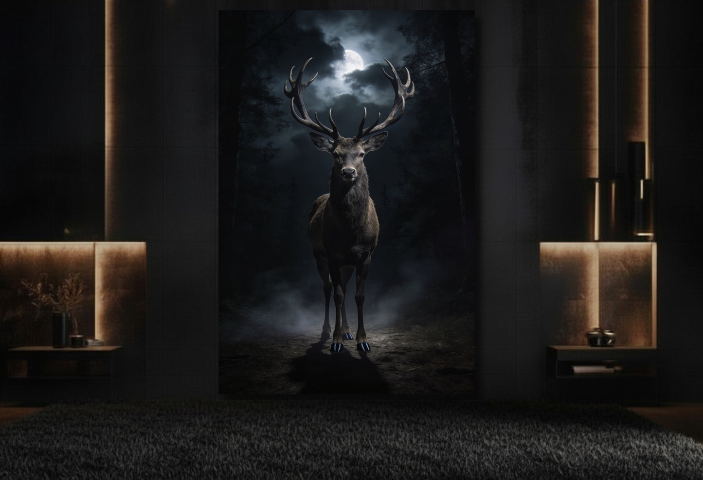 Mystisches Hirsch Wandbild 32x48 Zoll in elegantem Lounge Bereich mit dunkler Wand und Messingakzenten