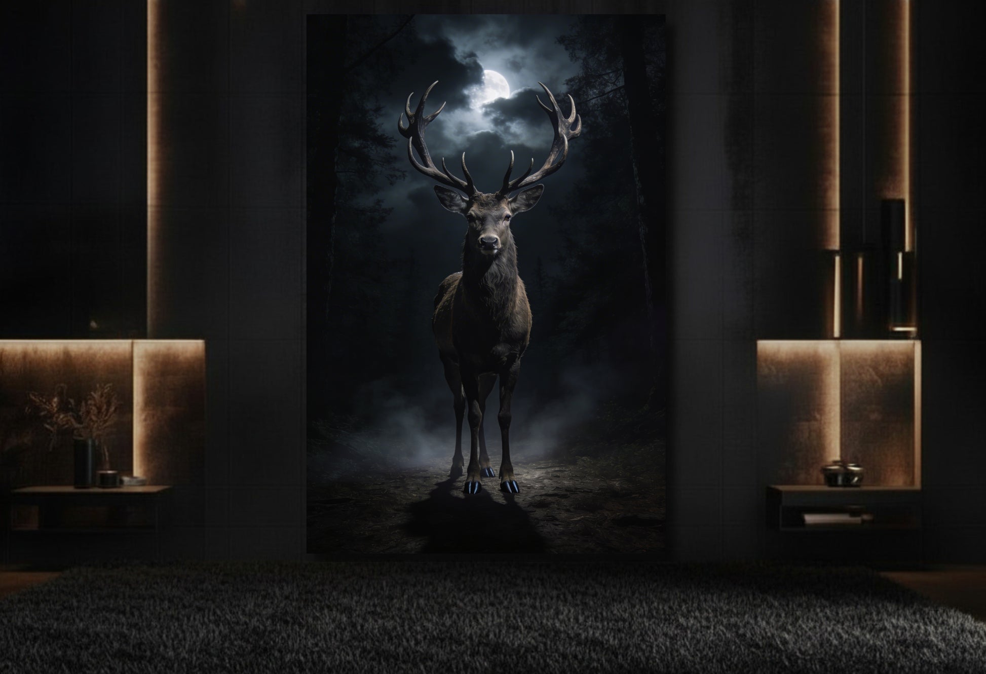 Mystisches Hirsch Wandbild 32x48 Zoll in elegantem Lounge Bereich mit dunkler Wand und Messingakzenten