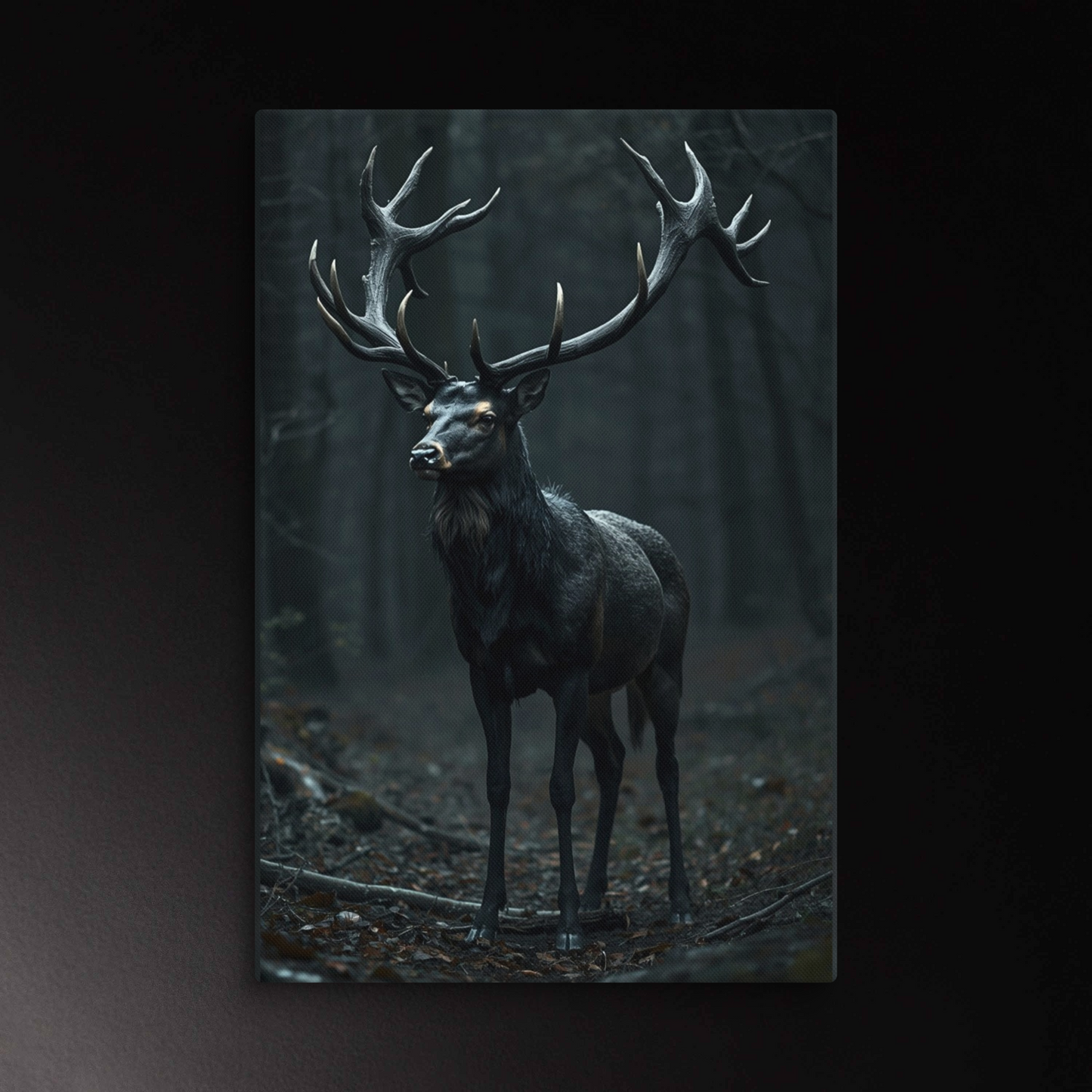 Hirsch im dunklen Wald als ruhige Wandkunst auf Leinwand im Format 40x60 Zoll mit klarer Struktur und eleganter Lichtstimmung