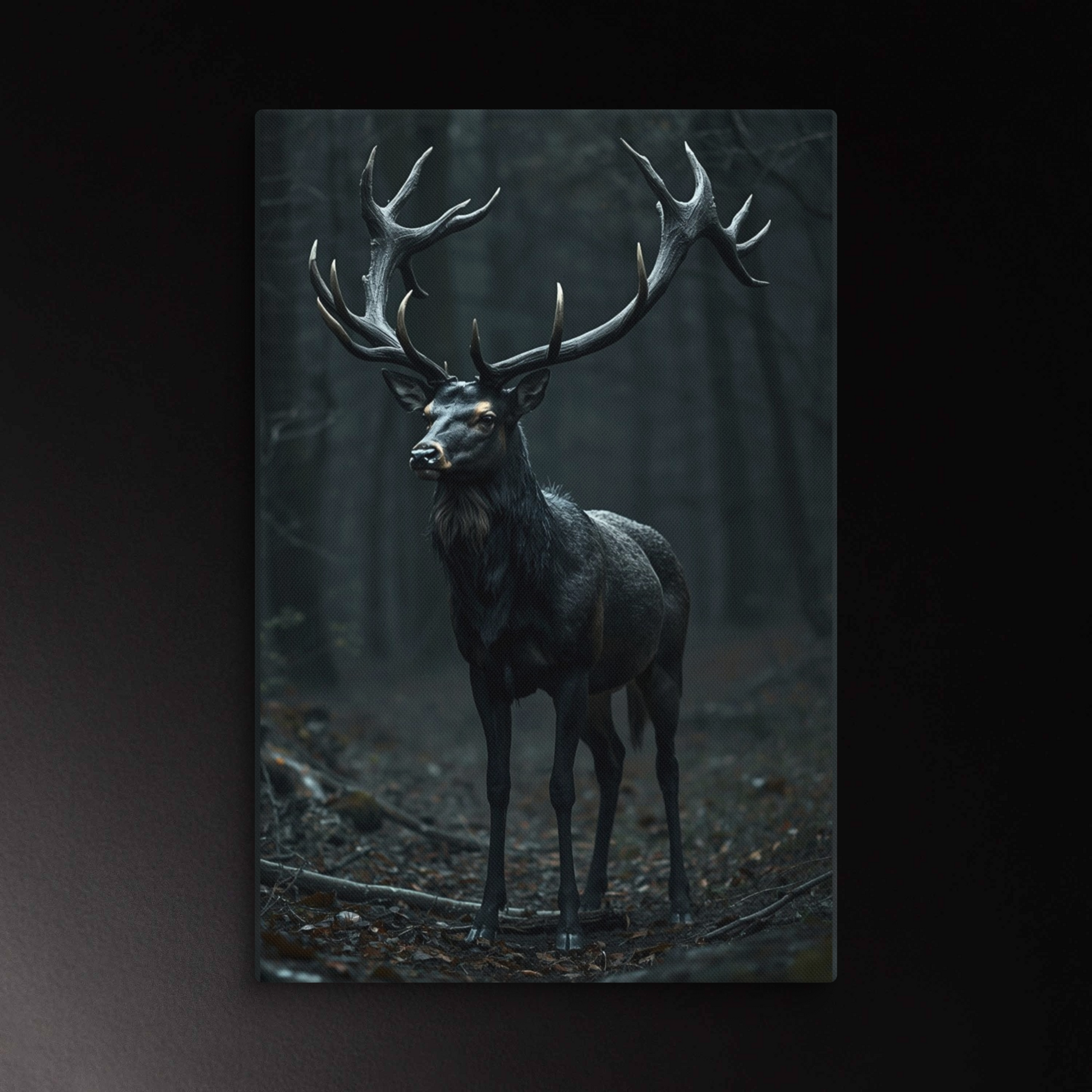 Hirsch im dunklen Wald als ruhige Wandkunst auf Leinwand im Format 40x60 Zoll mit klarer Struktur und eleganter Lichtstimmung