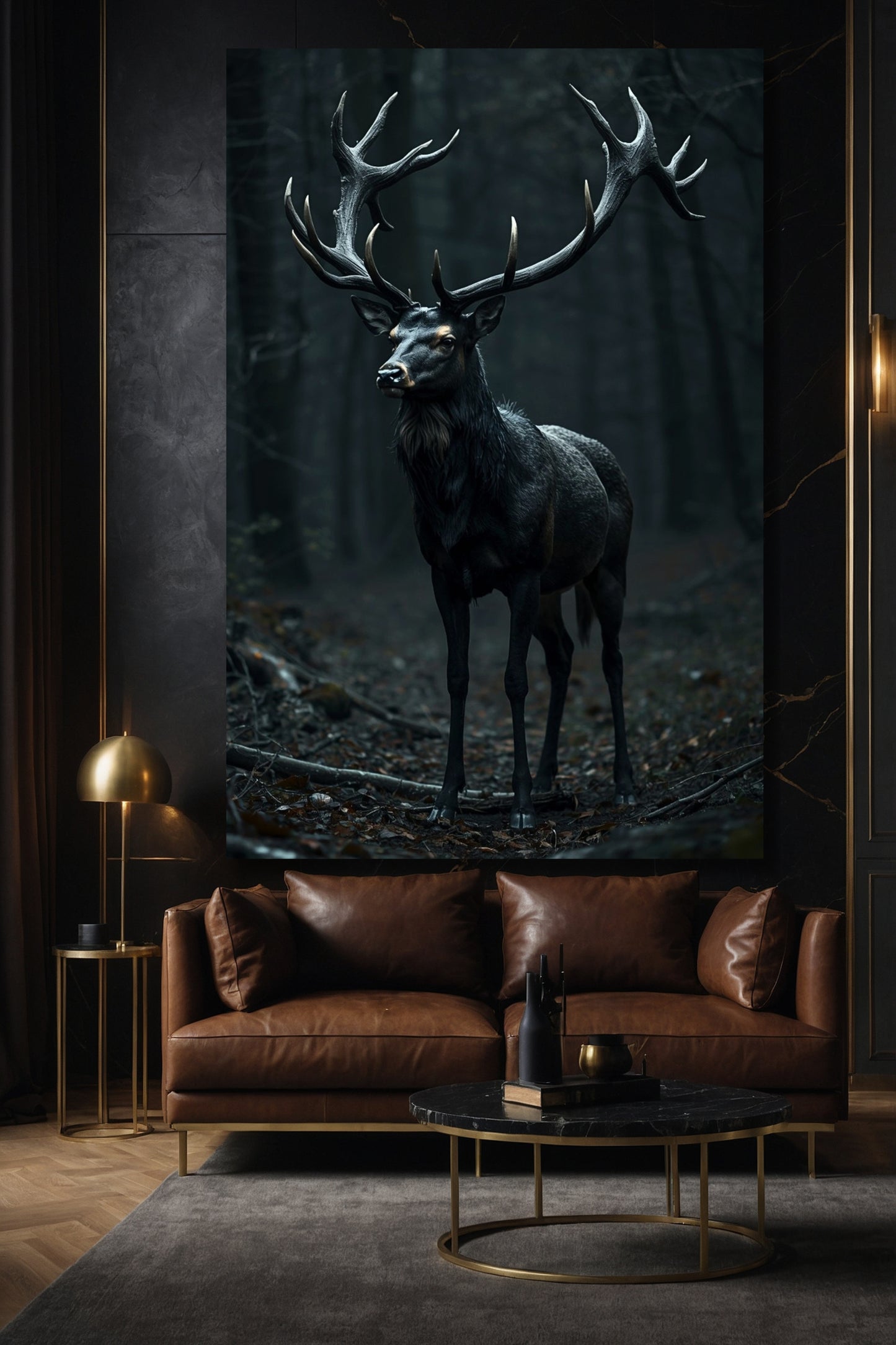 Hirsch Wandkunst auf Leinwand 40x60 Zoll in elegantem Wohnzimmer mit dunkler Wand und stilvoller Einrichtung