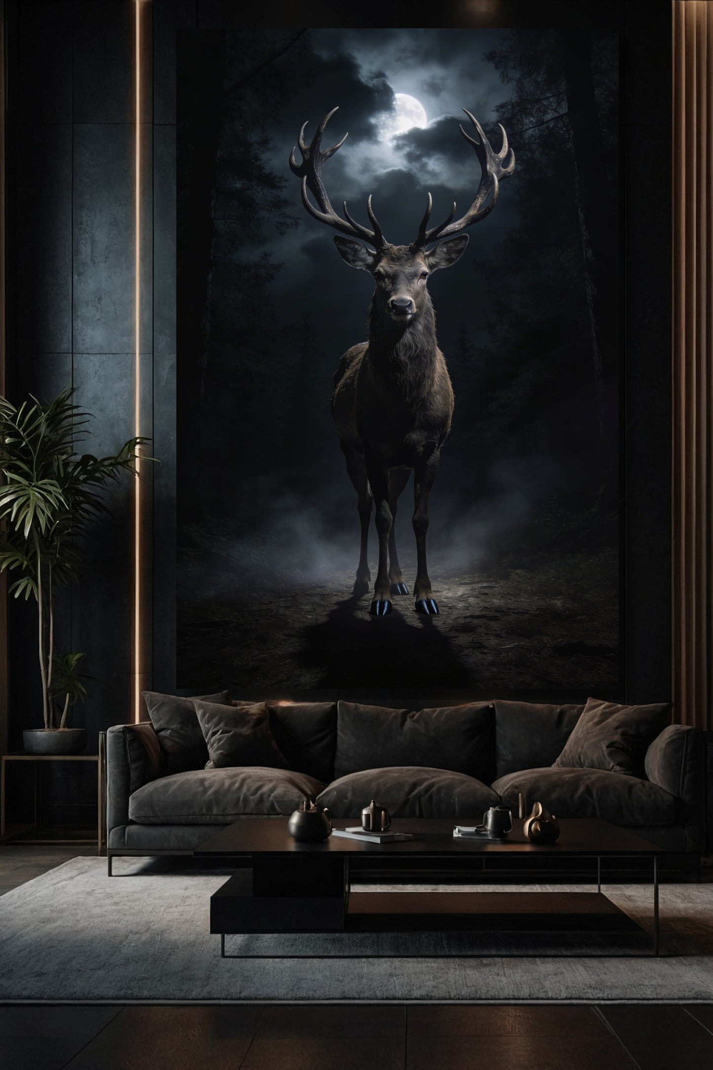Hirsch Leinwandbild 32x48 Zoll im Wohnzimmer über einem Sofa – großformatige Wandkunst mit Hirsch im Mondlicht