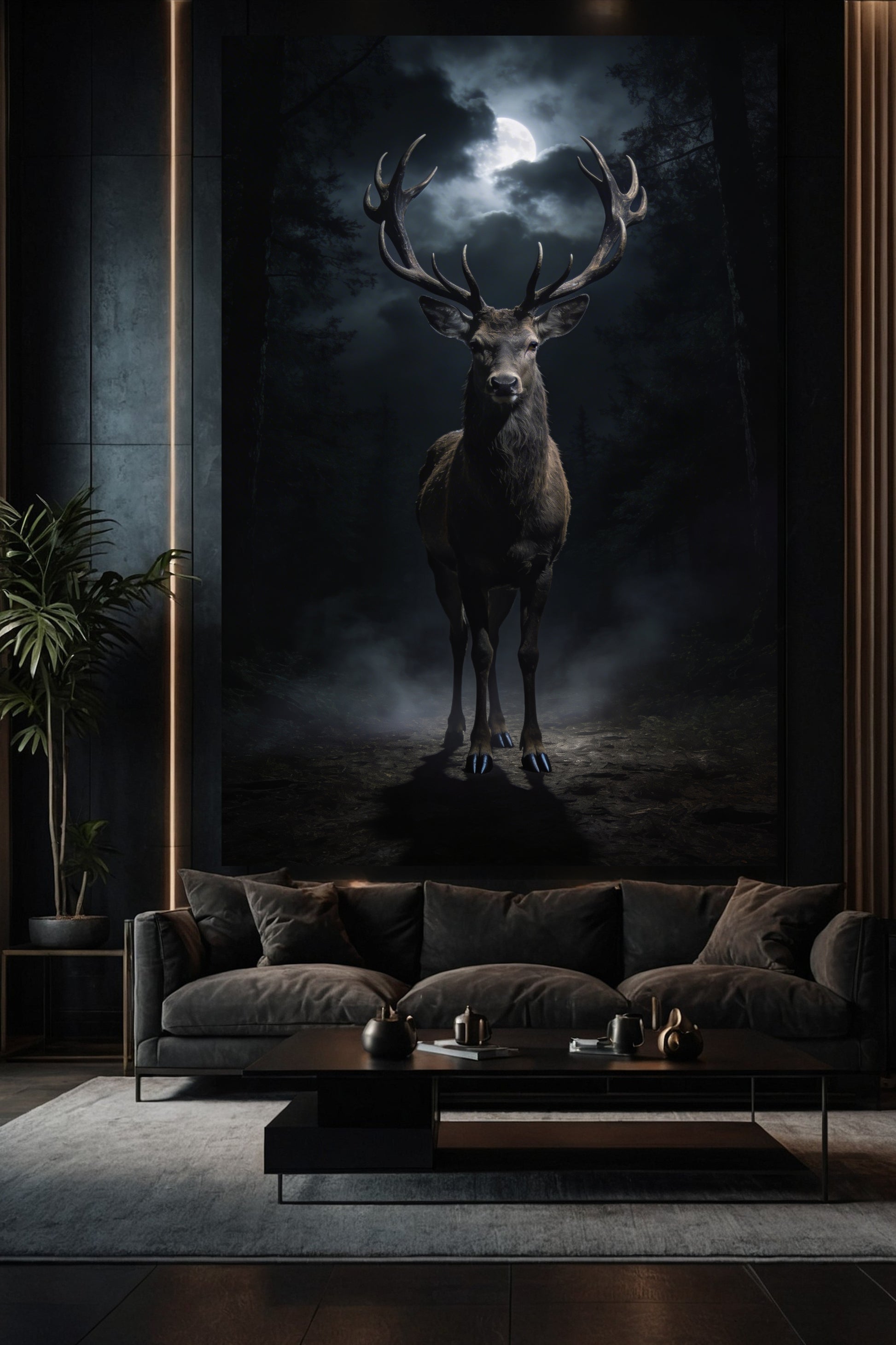 Hirsch Leinwandbild 32x48 Zoll im Wohnzimmer über einem Sofa – großformatige Wandkunst mit Hirsch im Mondlicht