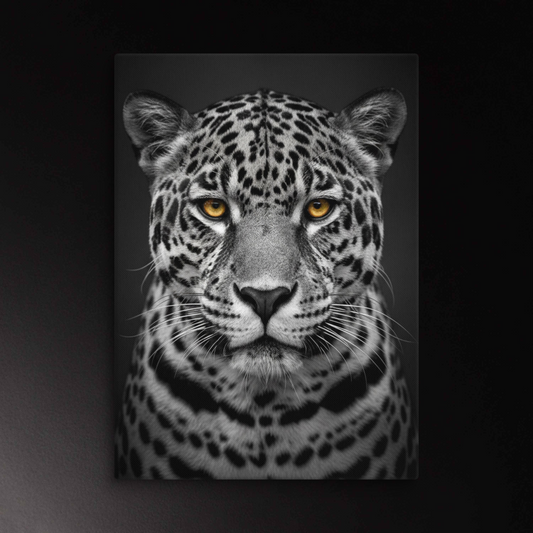 Jaguar Leinwand Druckmotiv frontal im Schwarz-Weiß-Stil mit goldenen Augen und klarer Struktur