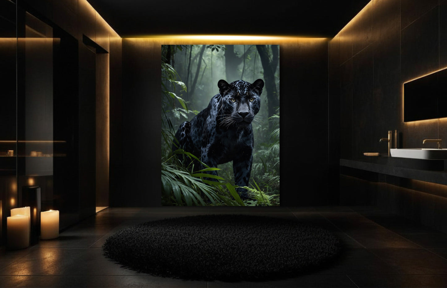 Jaguar im Dschungel auf Leinwand in luxuriösem Badezimmer mit dunkler Architektur und warmgoldener Beleuchtung
