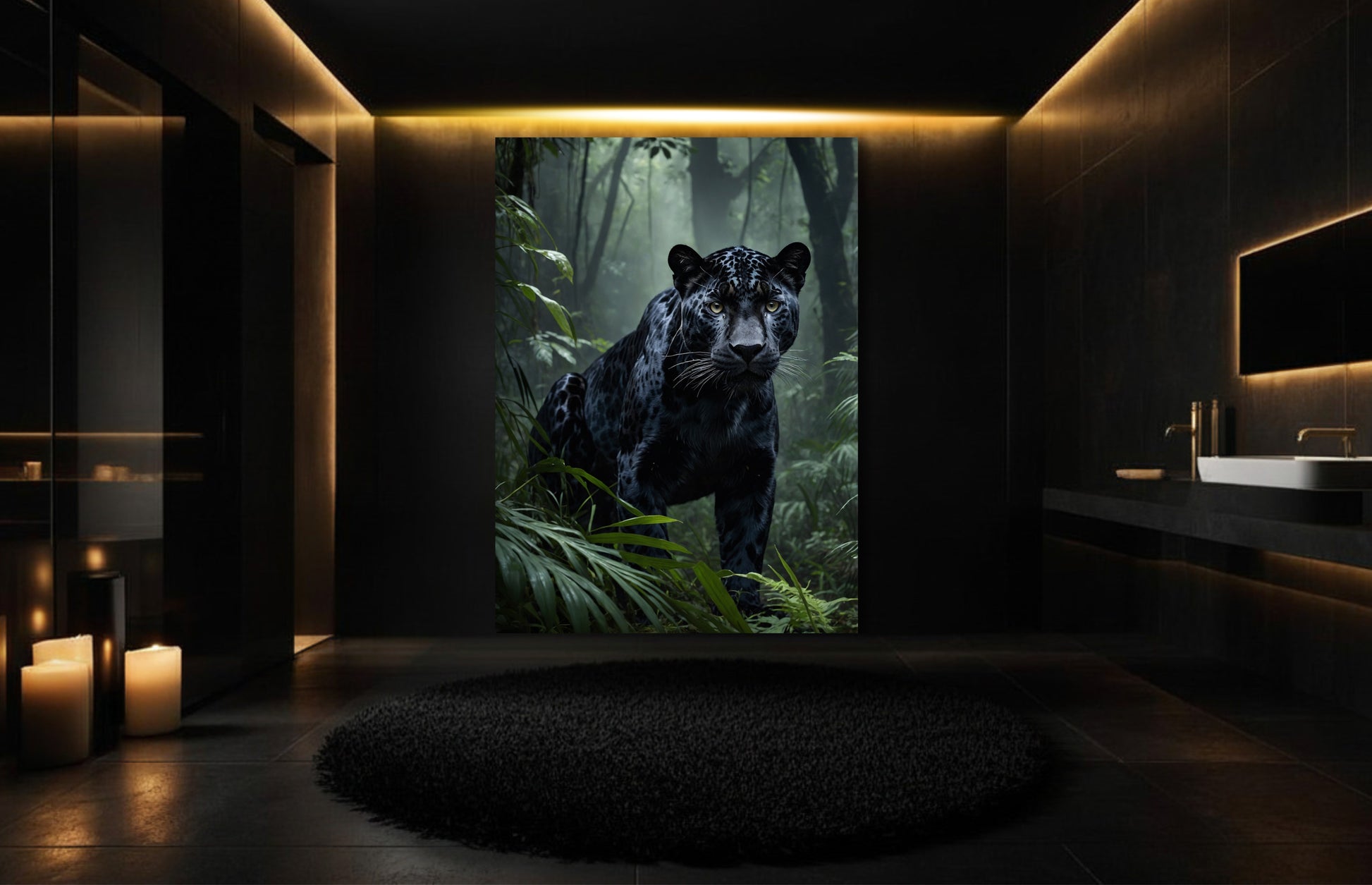 Jaguar im Dschungel auf Leinwand in luxuriösem Badezimmer mit dunkler Architektur und warmgoldener Beleuchtung