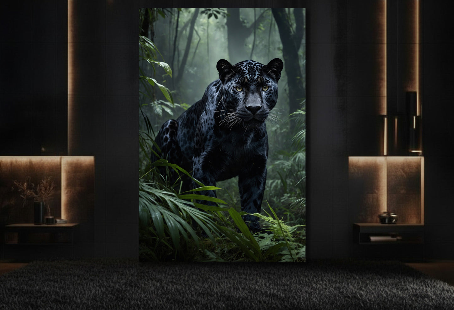 Schwarzer Jaguar im tropischen Dschungel als großformatige Leinwandkunst in eleganter Lounge mit warmer Beleuchtung und messingfarbenen Akzenten