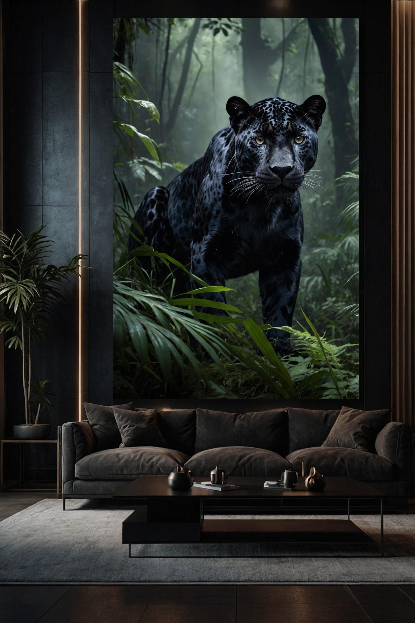 Schwarzer Jaguar im nebeligen Dschungel als Leinwandbild in modernem Wohnzimmer über einem Sofa