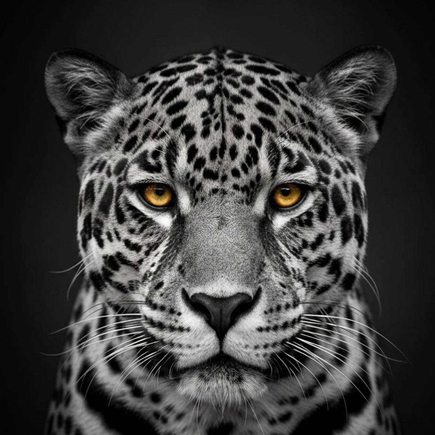 Nahaufnahme des Jaguargesichts auf dem Duschvorhang, markante Fellzeichnung, intensive goldene Augen, dunkler Hintergrund, stilvolles Badezimmer-Ambiente