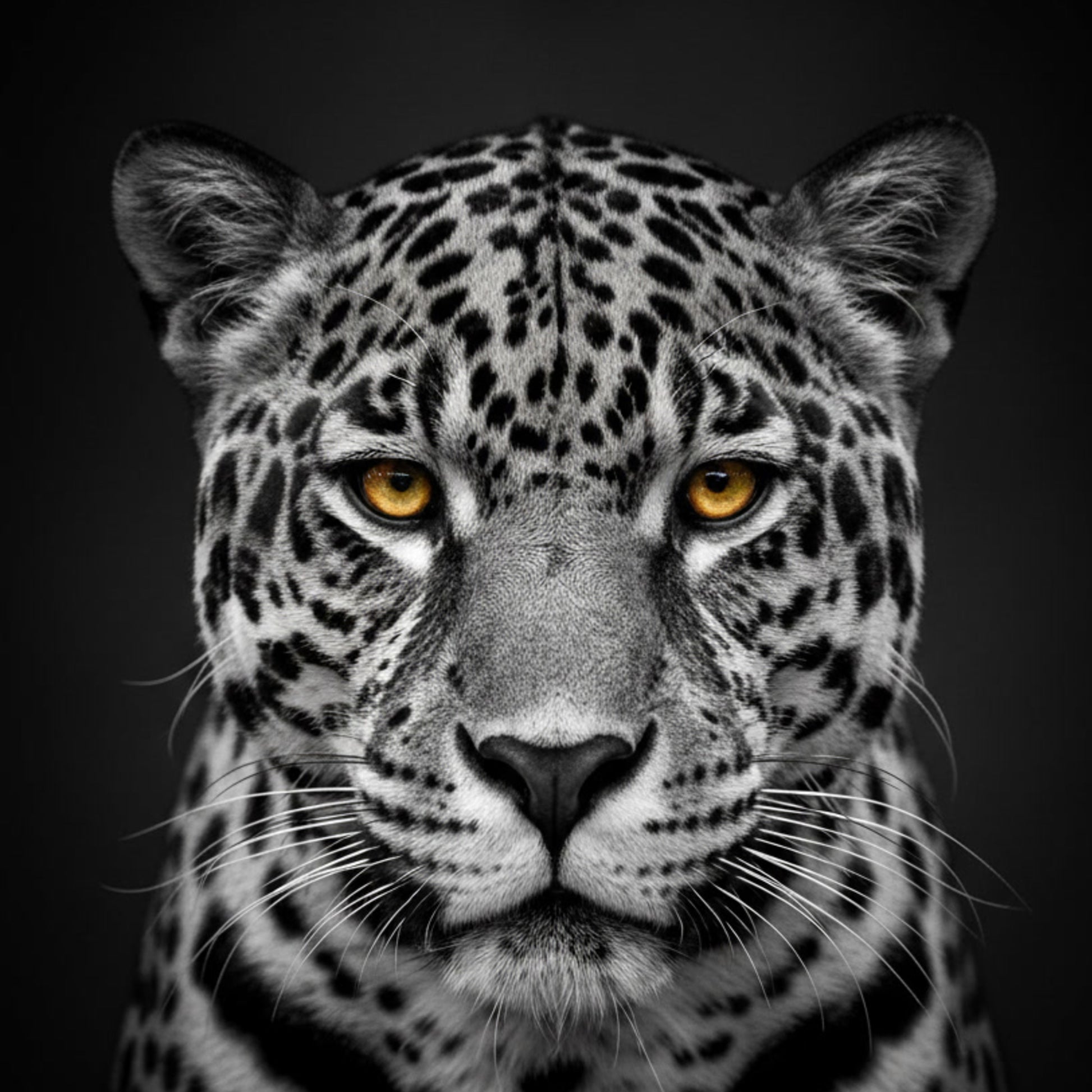 Nahaufnahme des Jaguargesichts auf dem Duschvorhang, markante Fellzeichnung, intensive goldene Augen, dunkler Hintergrund, stilvolles Badezimmer-Ambiente