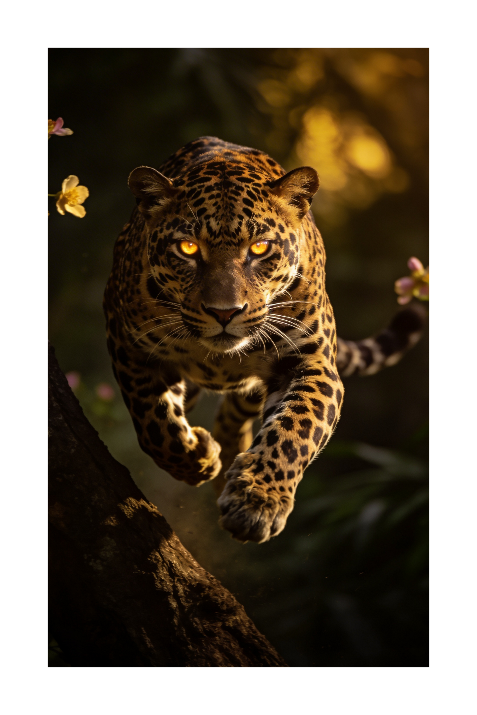 Freigestelltes Jaguar Motiv mit dynamischer Bewegung und warmem Licht auf Leinwand