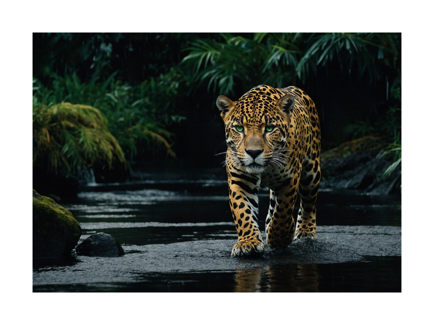 Freigestelltes Jaguar Motiv mit grünen Augen läuft durch Wasser