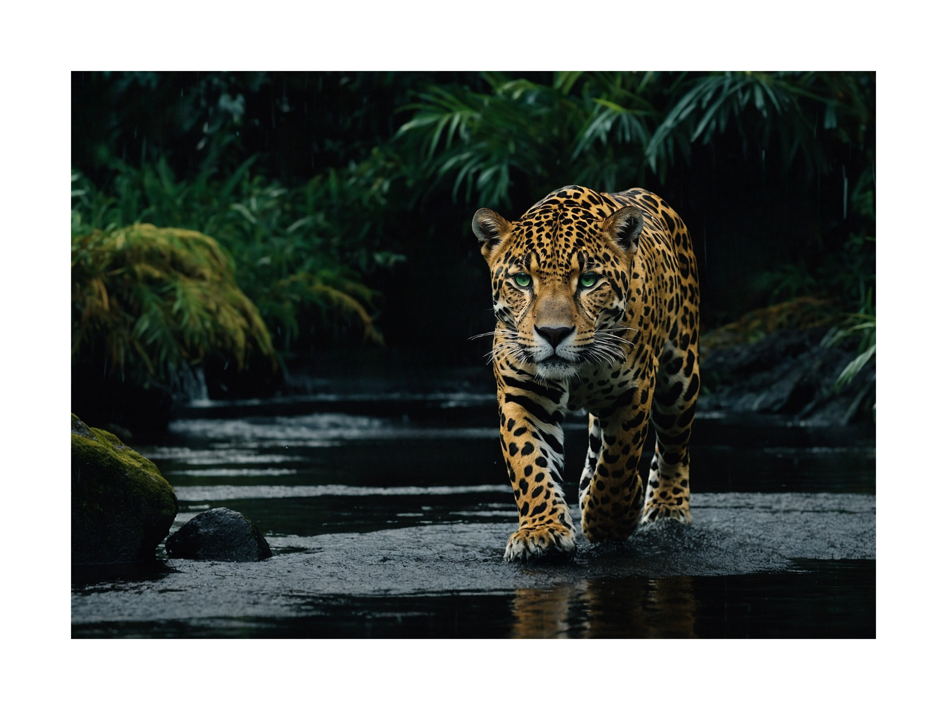 Freigestelltes Jaguar Motiv mit grünen Augen läuft durch Wasser