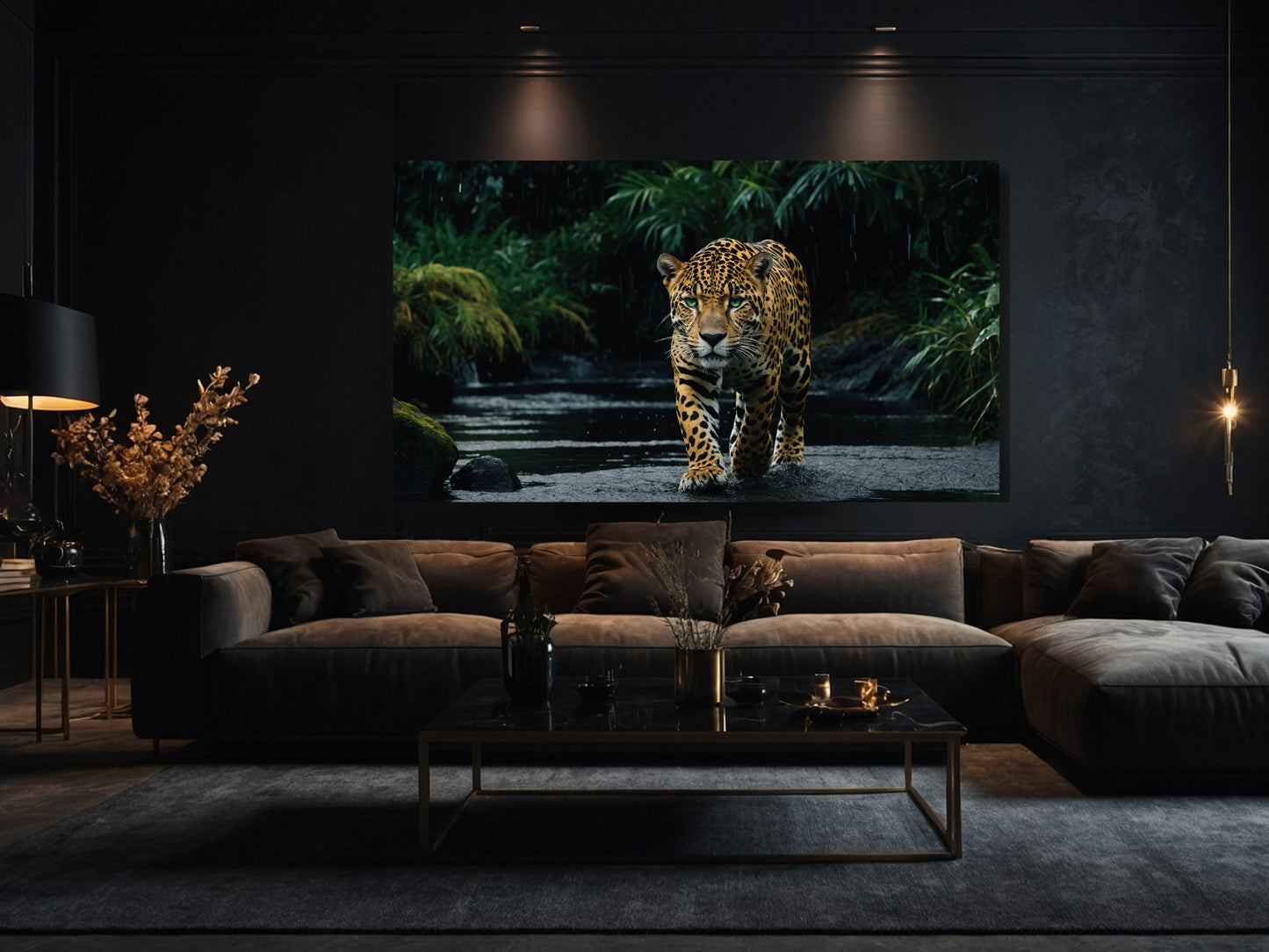 Jaguar mit grünen Augen als Wandkunst in elegantem Wohnzimmer mit dunklem Interior und warmer Beleuchtung 