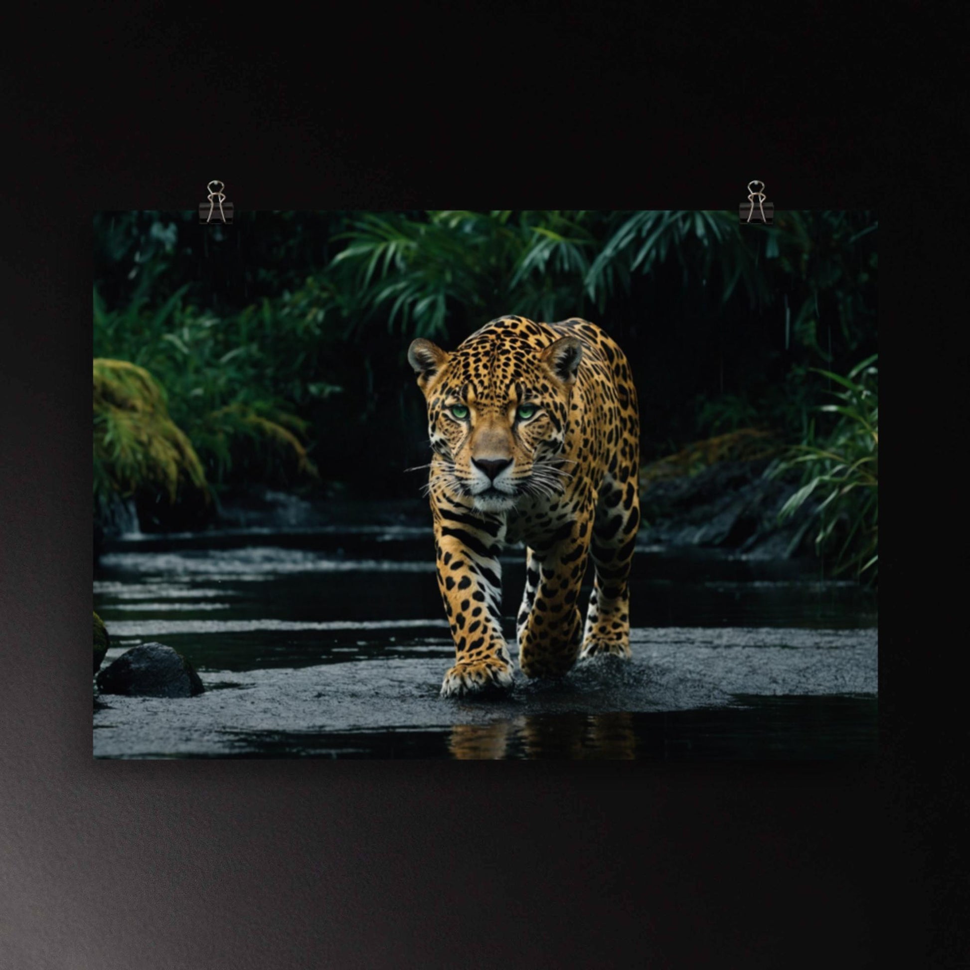 Jaguar mit leuchtend grünen Augen im dunklen Wasser als intensives Tierportrait 