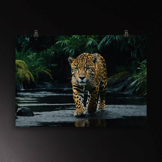Jaguar mit leuchtend grünen Augen im dunklen Wasser als intensives Tierportrait 