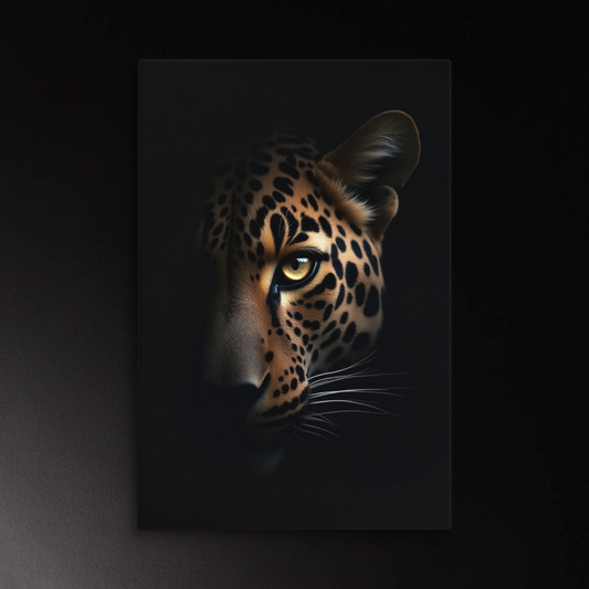 Jaguar halb im Schatten mit leuchtendem Auge als Leinwand 40x60 Zoll in intensiver Lichtstimmung