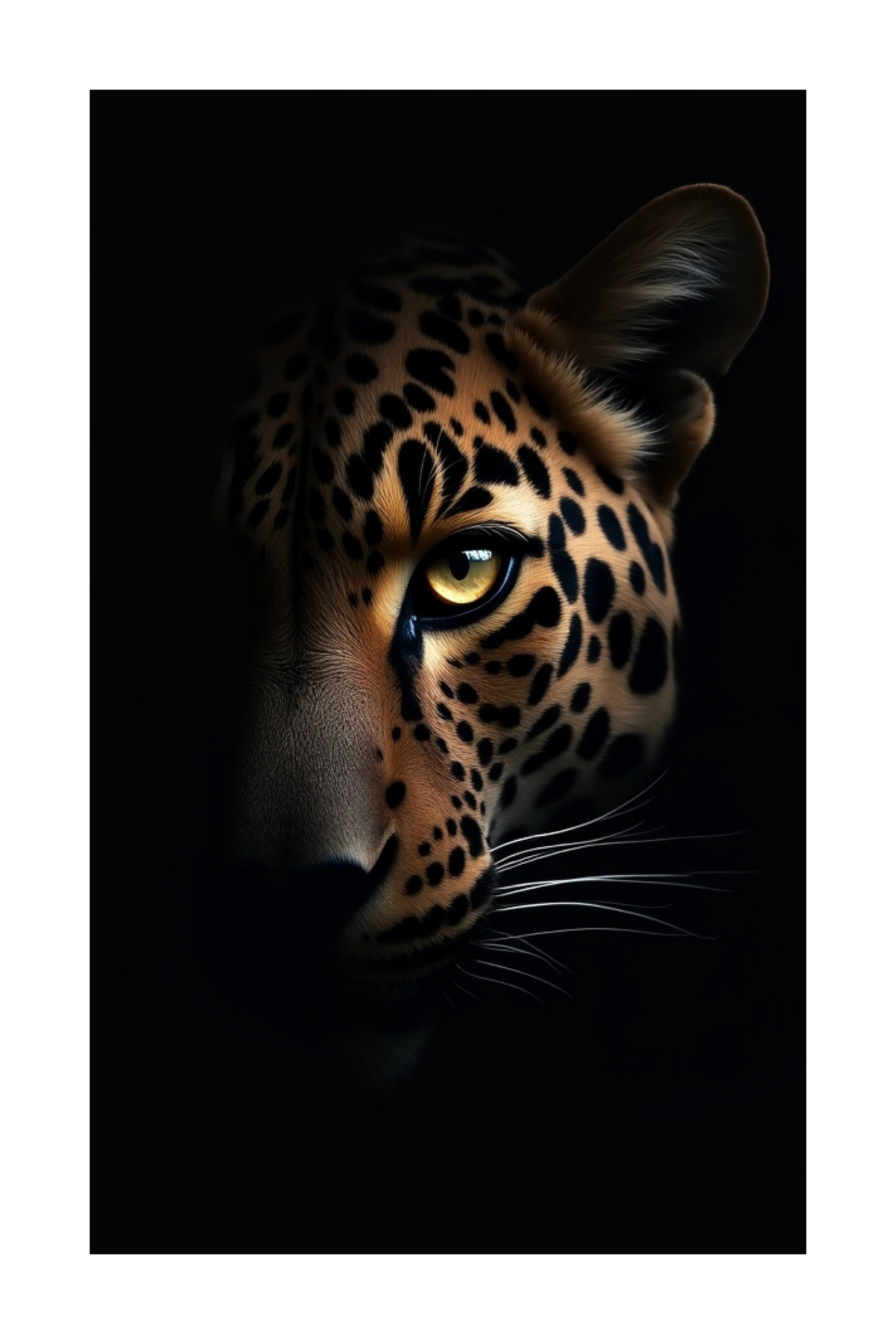 Freigestelltes Jaguar Motiv mit halbem Gesicht und starkem Kontrast für Leinwand 40x60 Zoll