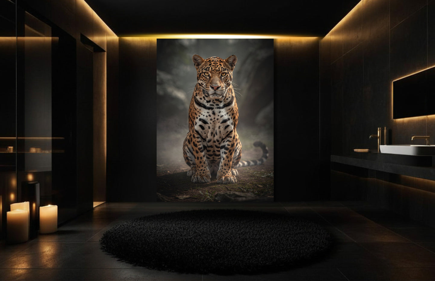 Jaguar im Morgennebel Wandkunst Leinwand 32x48 Zoll als atmosphärisches Tiermotiv in stilvollem Badezimmer mit Kerzenlicht