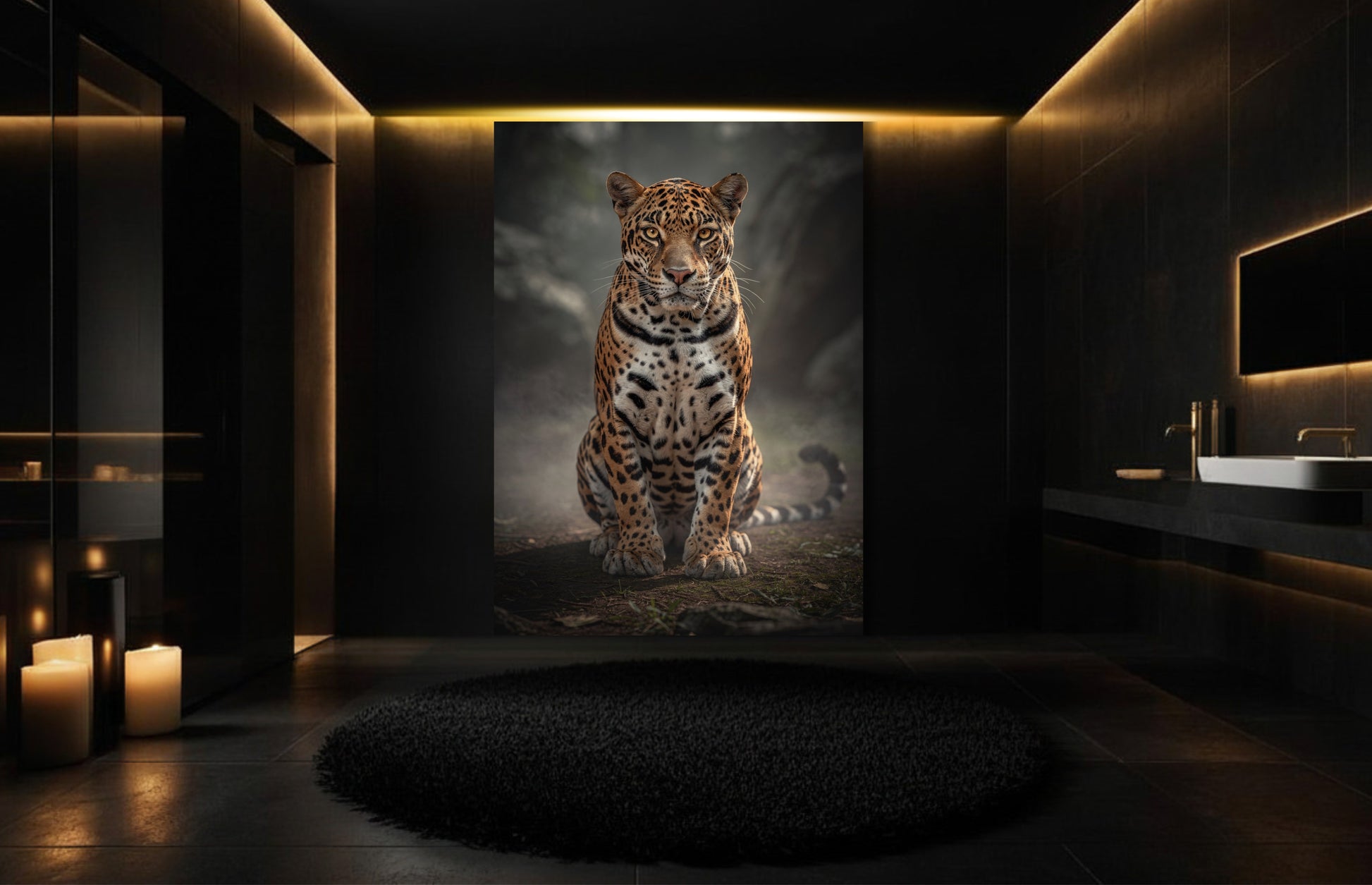 Jaguar im Morgennebel Wandkunst Leinwand 32x48 Zoll als atmosphärisches Tiermotiv in stilvollem Badezimmer mit Kerzenlicht