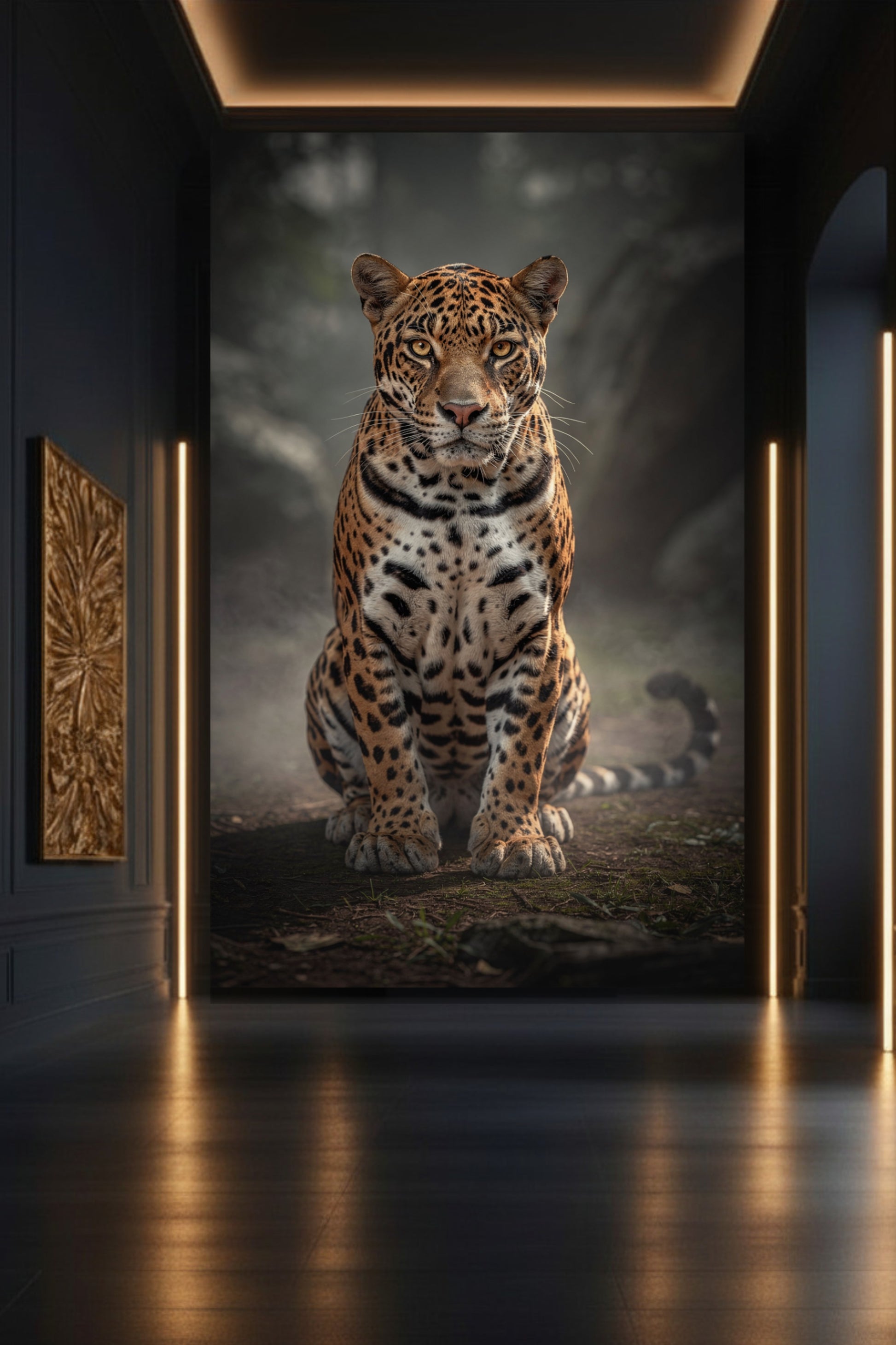 Jaguar im Morgennebel als Wandkunst auf Leinwand 32x48 Zoll in moderner Galerie mit dunkler Wand und warmen goldenen Lichtakzenten – ausdrucksstarke Tierkunst mit intensiver Präsenz