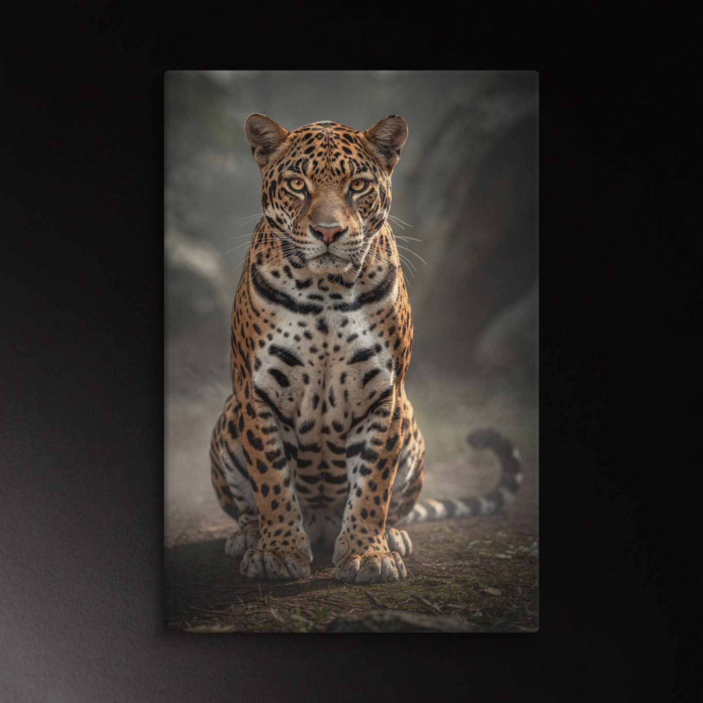Sitzender Jaguar im Morgennebel als Wandkunst auf Leinwand 32x48 mit ruhiger Großkatzenkomposition