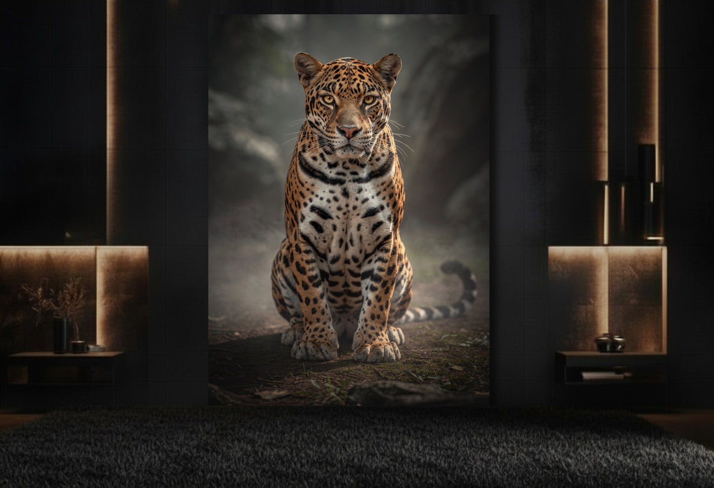 Jaguar im Morgennebel als großformatige Wandkunst auf Leinwand im Format 32x48 Zoll in eleganter lounge mit dunkler Wand und Messingakzenten