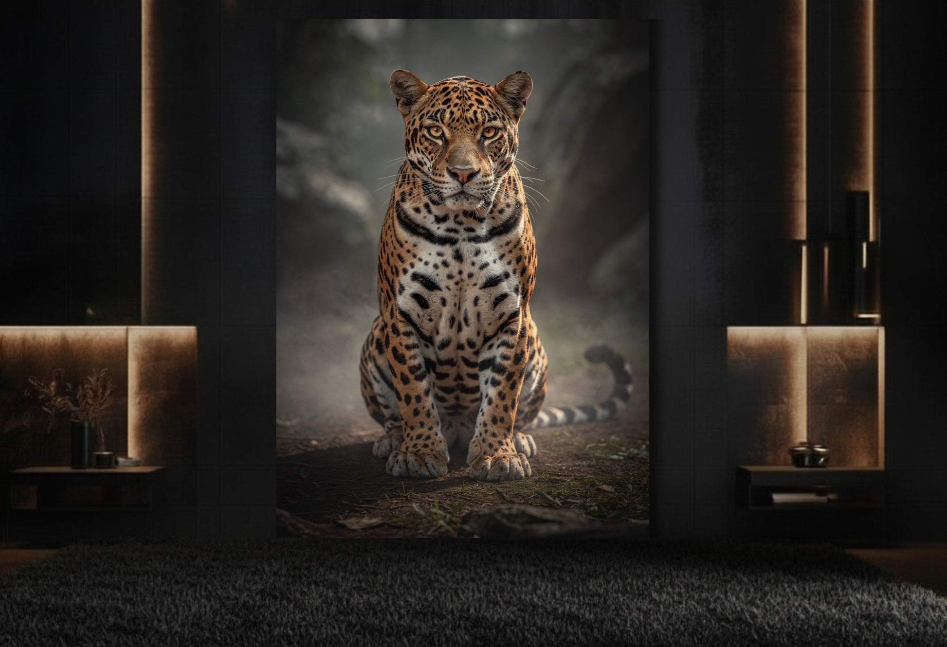 Jaguar im Morgennebel als großformatige Wandkunst auf Leinwand im Format 32x48 Zoll in eleganter lounge mit dunkler Wand und Messingakzenten