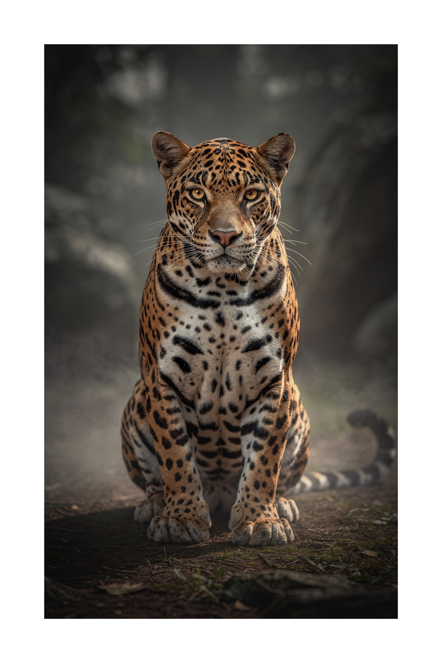 Freigestellte Darstellung der Jaguar im Morgennebel Wandkunst Leinwand im Format 32x48 Zoll