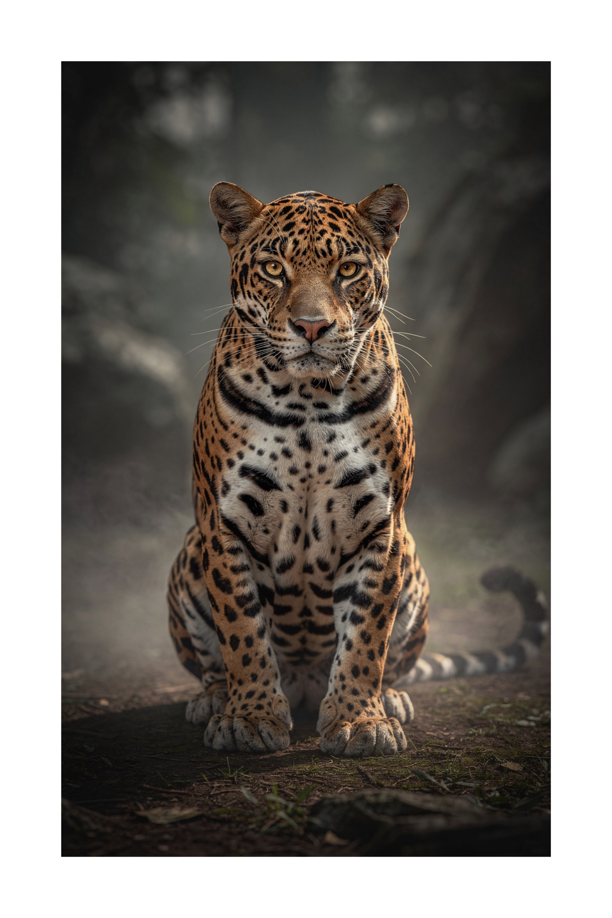 Freigestellte Darstellung der Jaguar im Morgennebel Wandkunst Leinwand im Format 32x48 Zoll