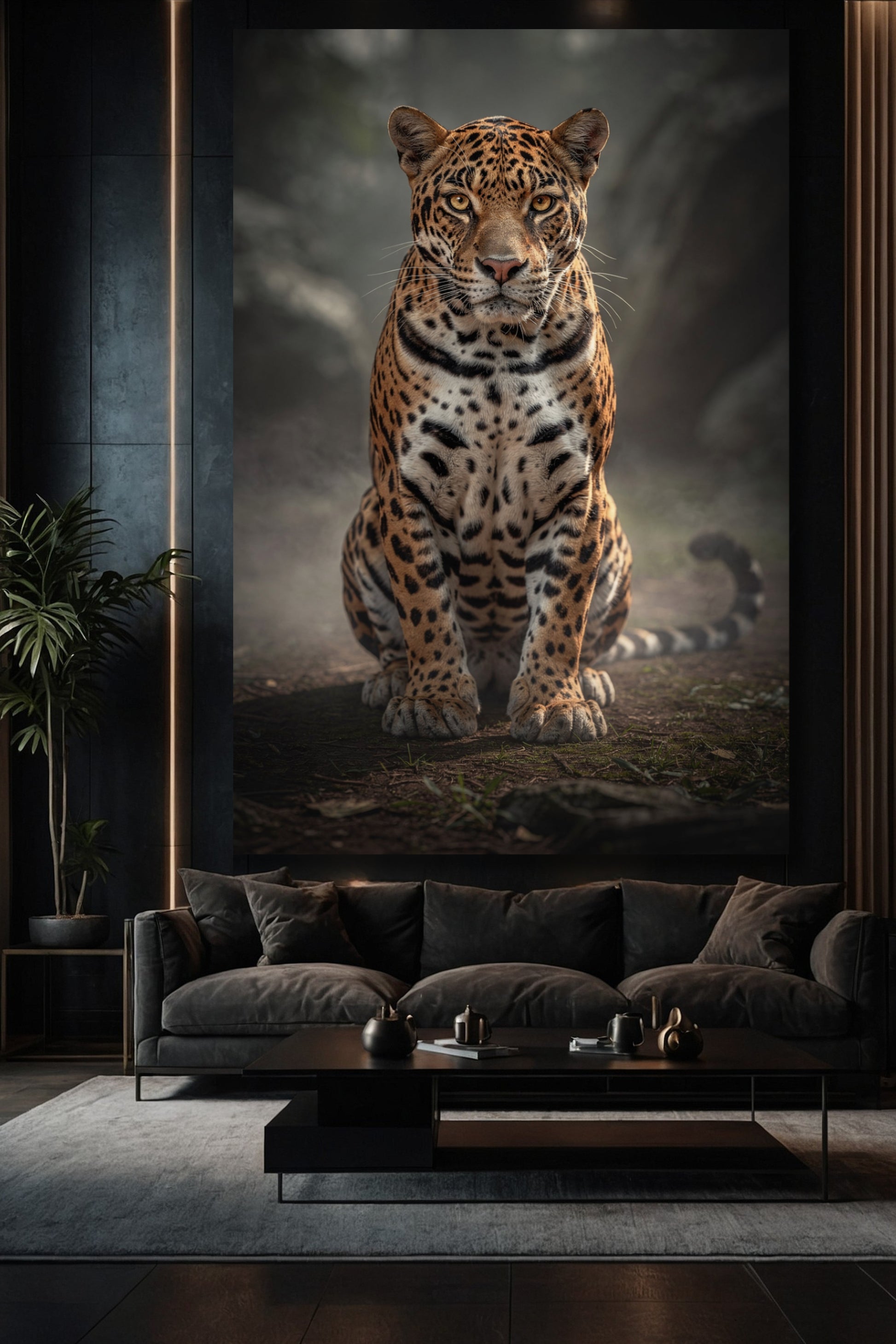 Jaguar im Morgennebel Wandkunst auf Leinwand 32x48 Zoll als großformatiges Tierportrait über einem Sofa im elegantem Wohnzimmer