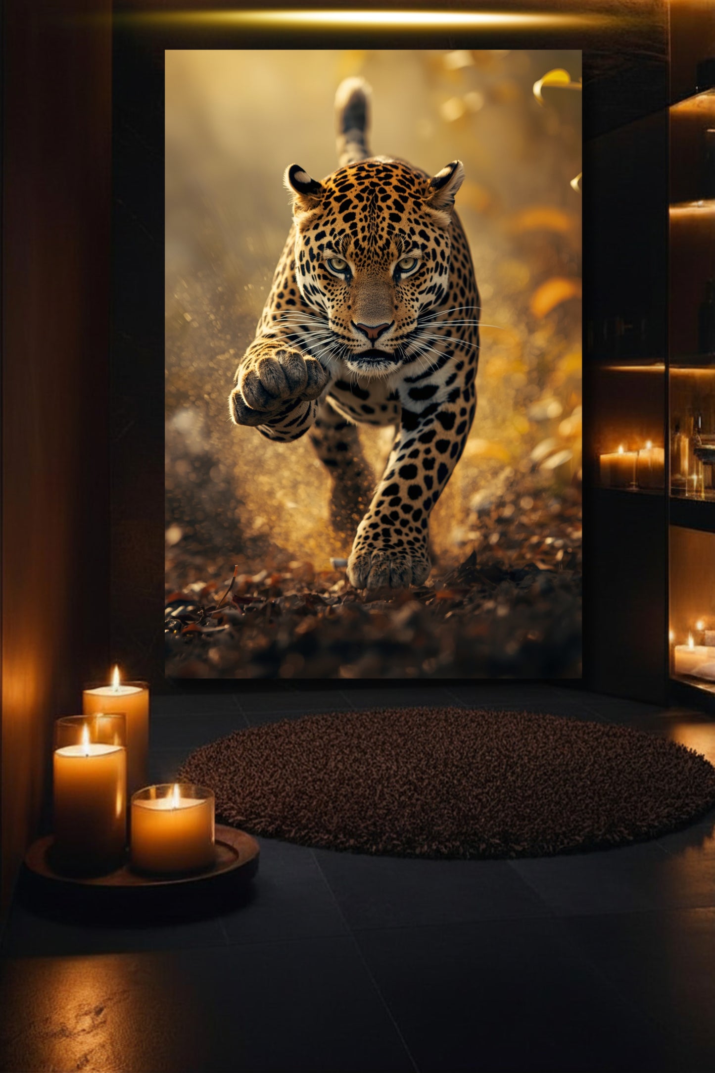 Jaguar Leinwand in luxuriösem Badezimmer mit warmer Lichtstimmung