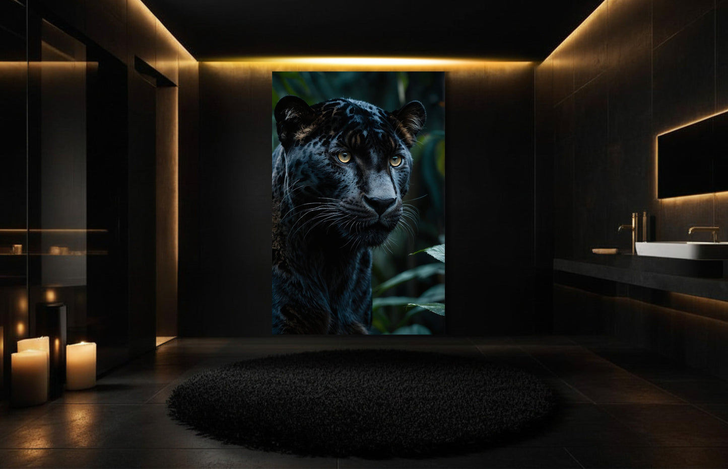 Schwarzer Jaguar im Dschungel als Leinwandkunst in luxuriösem Badezimmer mit dunkler Architektur und warmgoldener Beleuchtung
