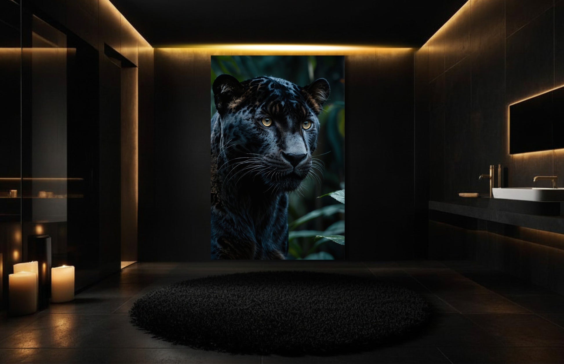 Schwarzer Jaguar im Dschungel als Leinwandkunst in luxuriösem Badezimmer mit dunkler Architektur und warmgoldener Beleuchtung