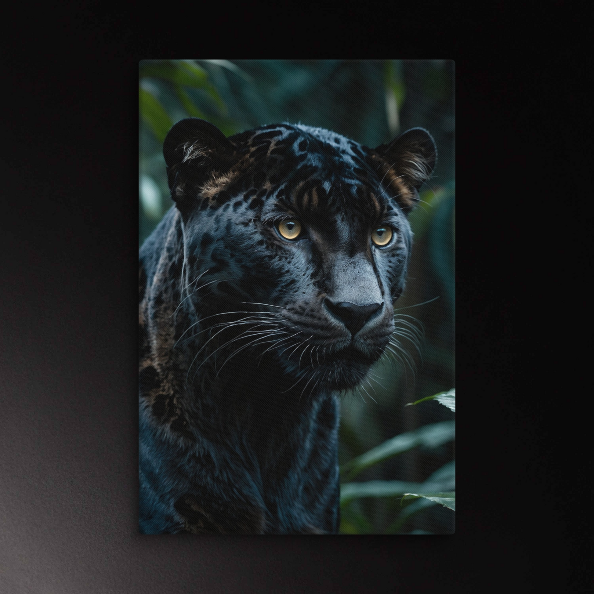 Jaguar Leinwandbild im dunklen Dschungel, detailreiche Fellstruktur und intensive Augen, Großformat Wandkunst