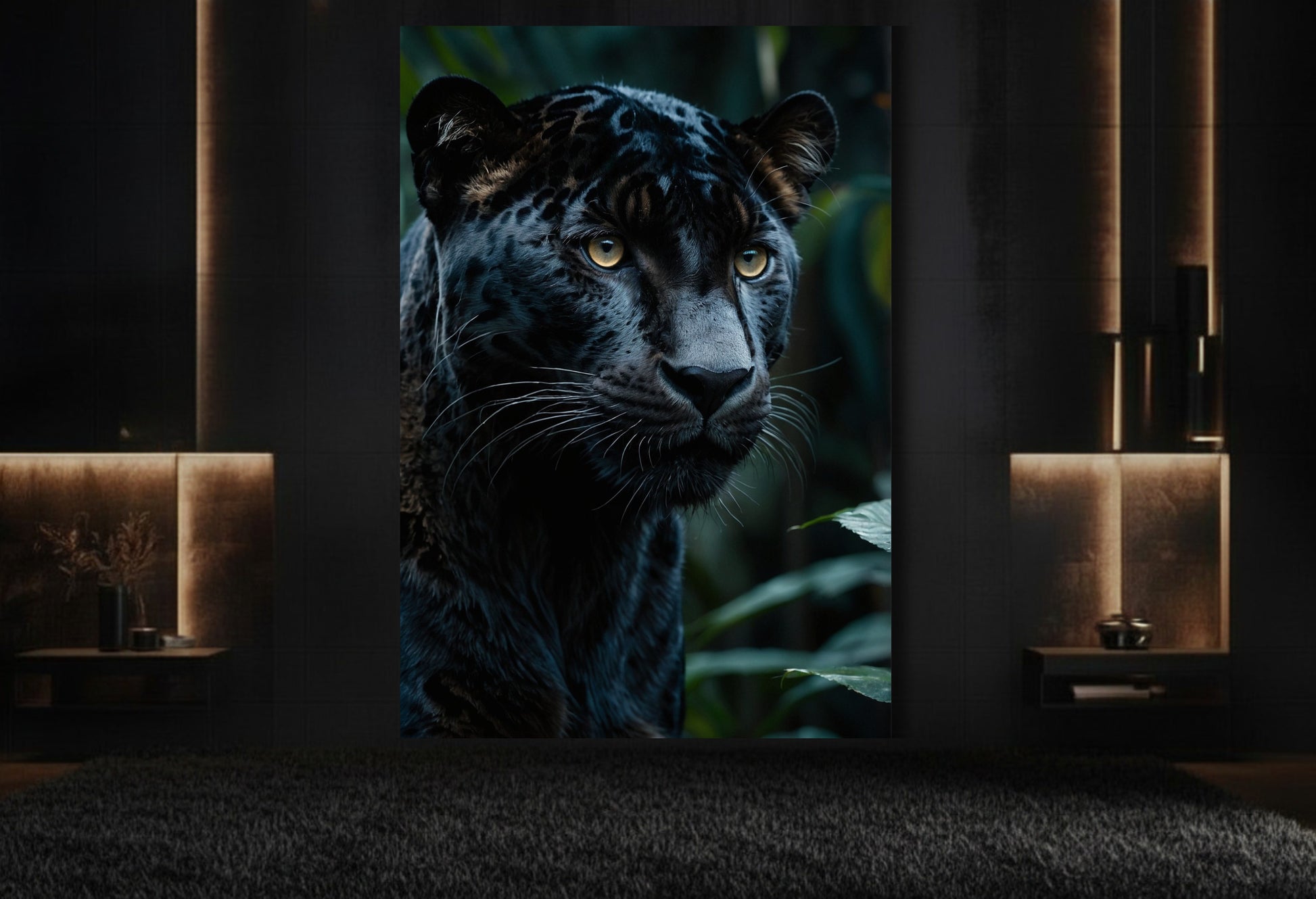 Jaguar im dichten Dschungel mit intensivem Blick als großformatige Wandkunst auf Leinwand in stilvollem Loungeroom mit dunkler Wand und messingfarbenen Akzenten