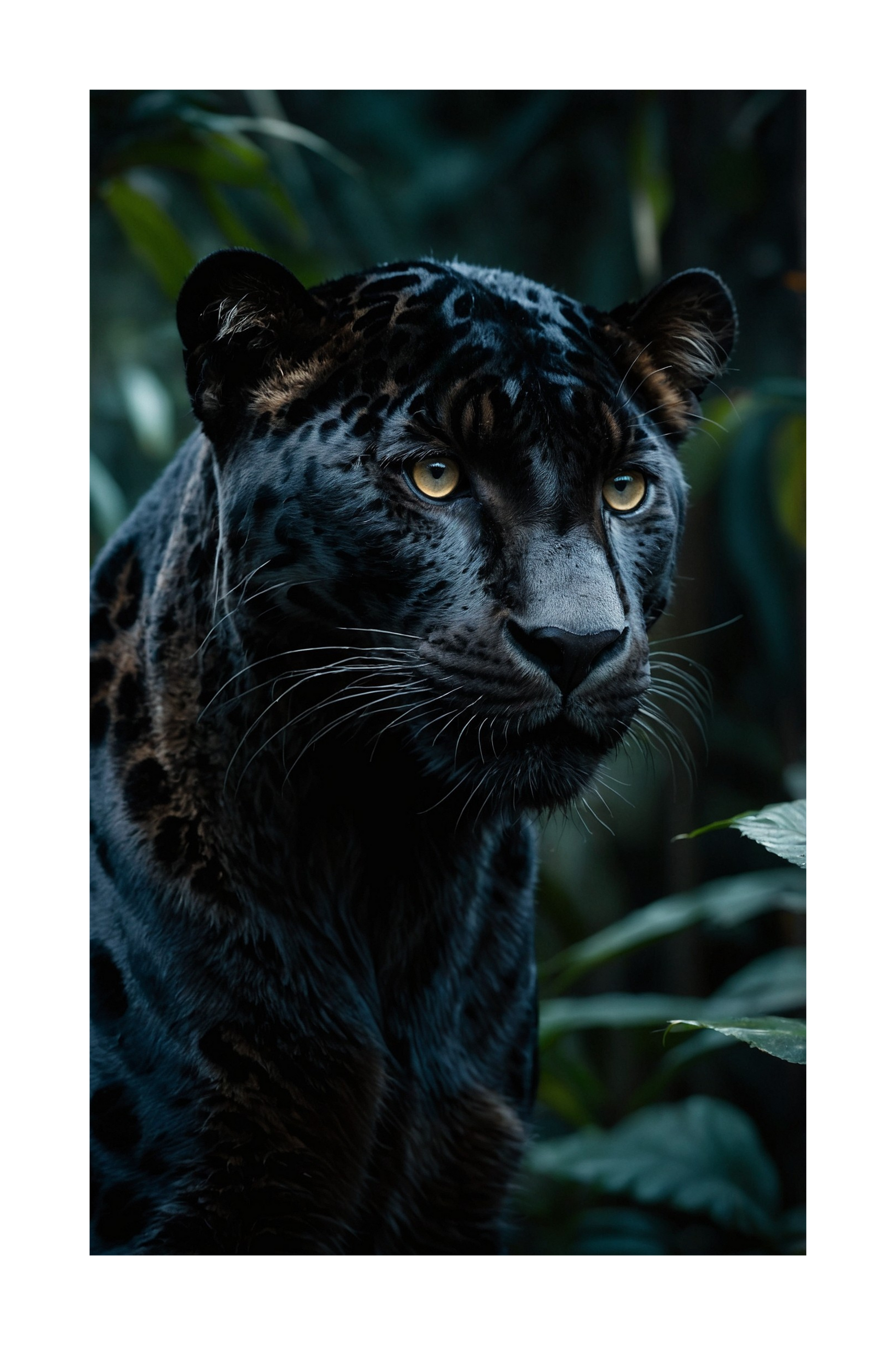 Freigestelltes Jaguar Leinwandbild mit schwarzem Jaguar im dunklen Dschungel für Produktdarstellung
