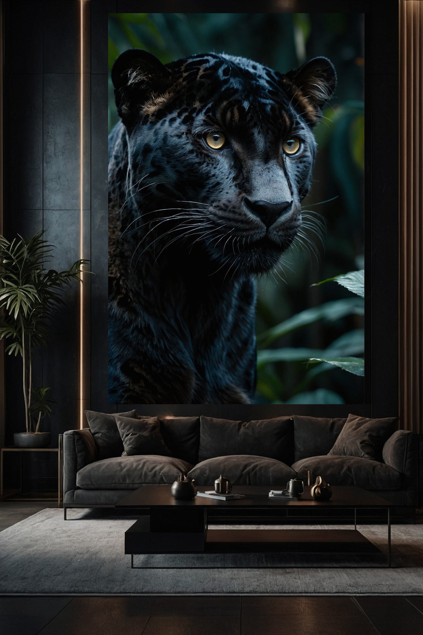 Großformatige Leinwand mit schwarzem Jaguar im dichten Dschungel in elegantem Wohnzimmer über einem Sofa an dunkler Wand