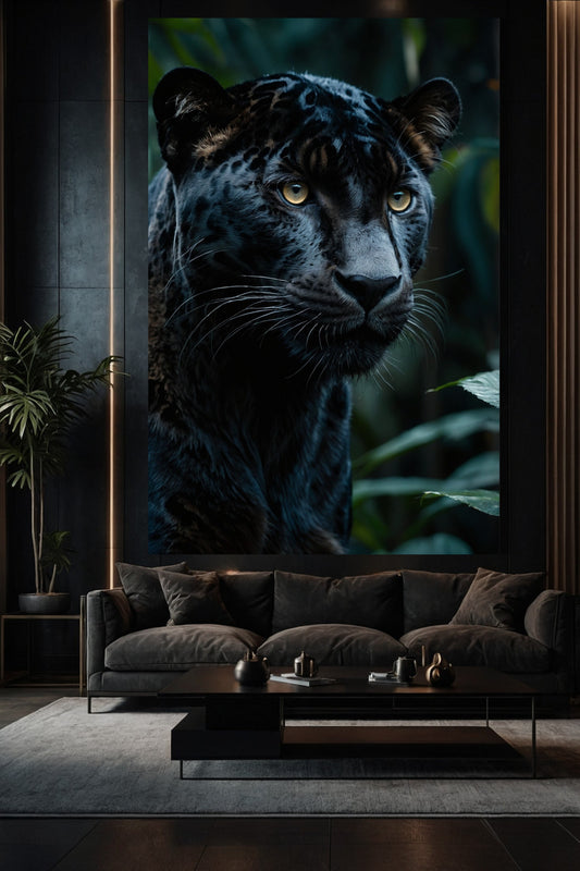 Großformatige Leinwand mit schwarzem Jaguar im dichten Dschungel in elegantem Wohnzimmer über einem Sofa an dunkler Wand