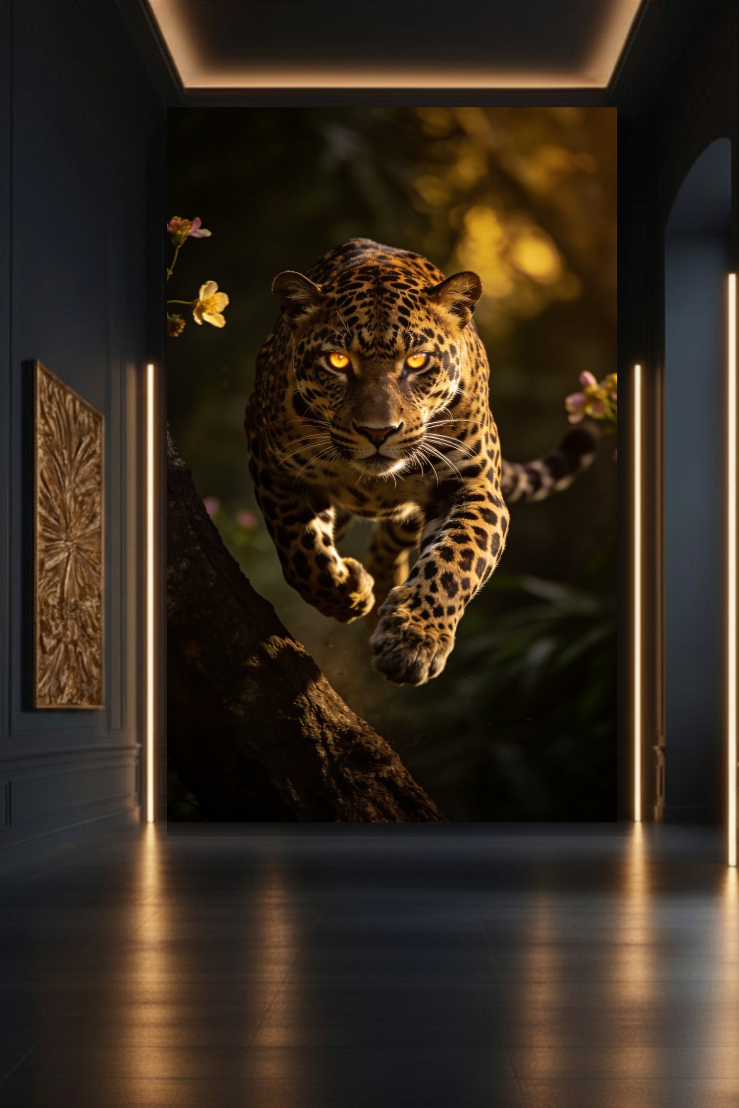 Jaguar Leinwand als Wandkunst in moderner Galerie mit Lichtsäule und intensiver Bildwirkung