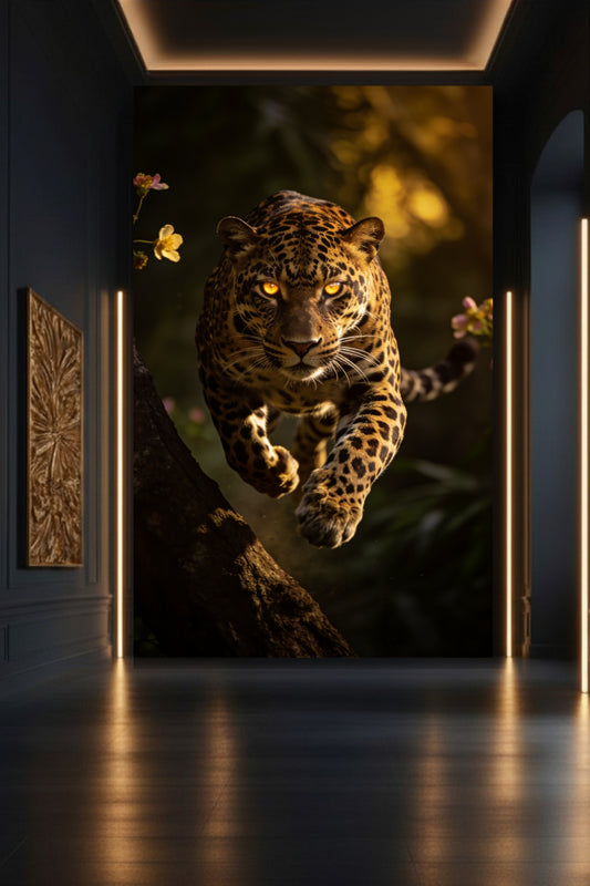 Jaguar Leinwand als Wandkunst in moderner Galerie mit Lichtsäule und intensiver Bildwirkung