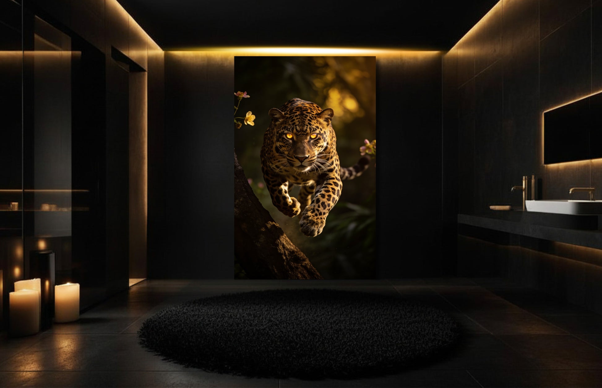 Dynamische Jaguar Leinwand als Wandkunst in luxuriösem Badezimmer mit warmer Lichtstimmung und dynamischer Bewegung