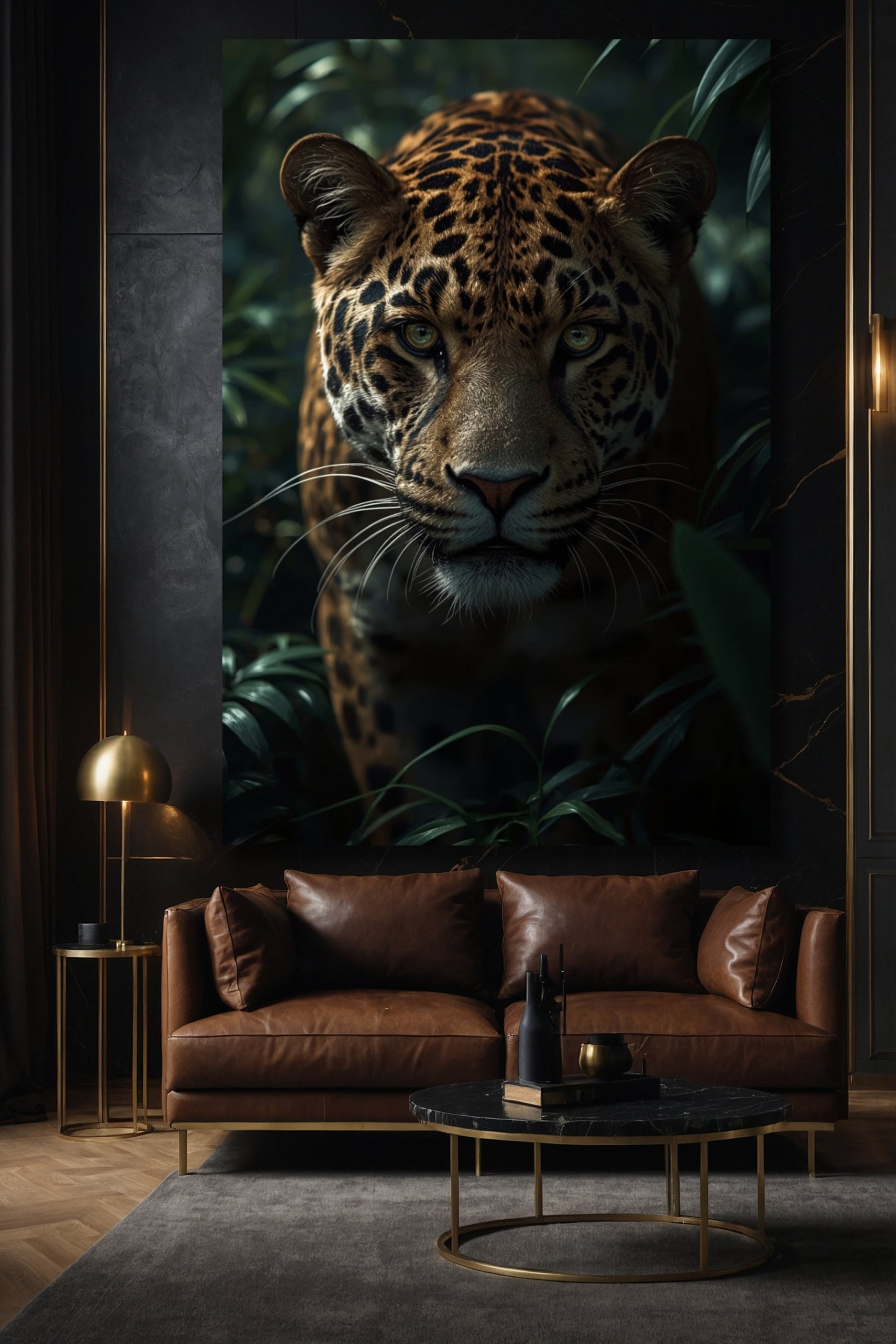 Jaguar Leinwand als Wandkunst über braunem Ledersofa in stilvollem dunklem Wohnzimmer mit eleganter Einrichtung
