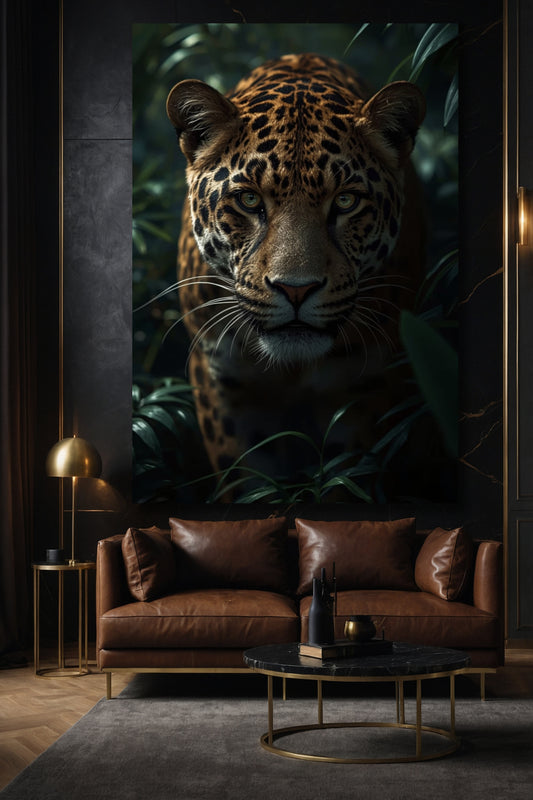 Jaguar Leinwand als Wandkunst über braunem Ledersofa in stilvollem dunklem Wohnzimmer mit eleganter Einrichtung