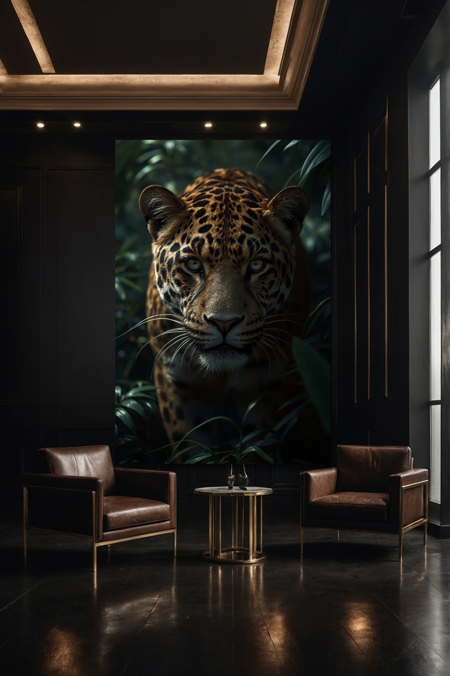 Jaguar Wandkunst auf Leinwand in eleganter Galerie mit ruhiger und stilvoller Raumwirkung